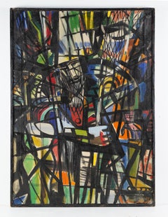 Mid Century Modernist NYC Cubist Abstract Large Framed Cuadro al óleo expuesto