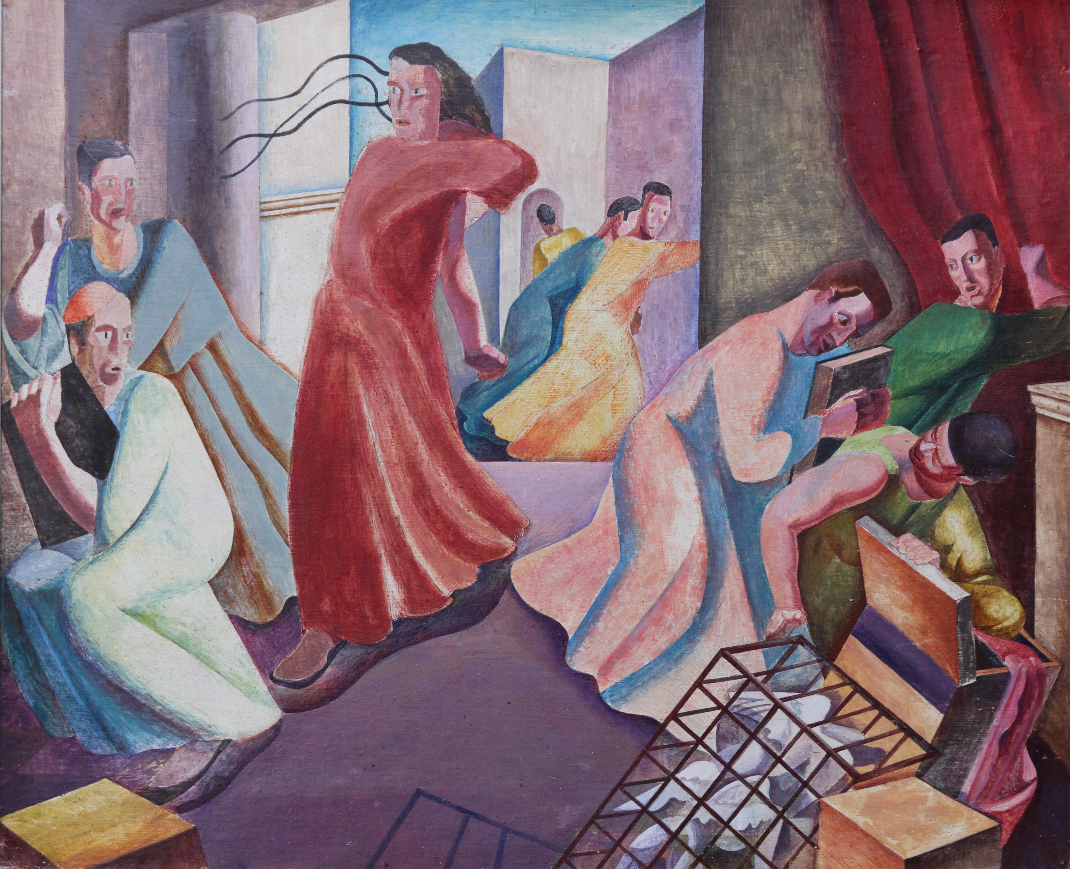 Christ Expelling Money Changers - Intérieur religieux surréaliste britannique des années 30 - Surréalisme Painting par Augustus Lunn