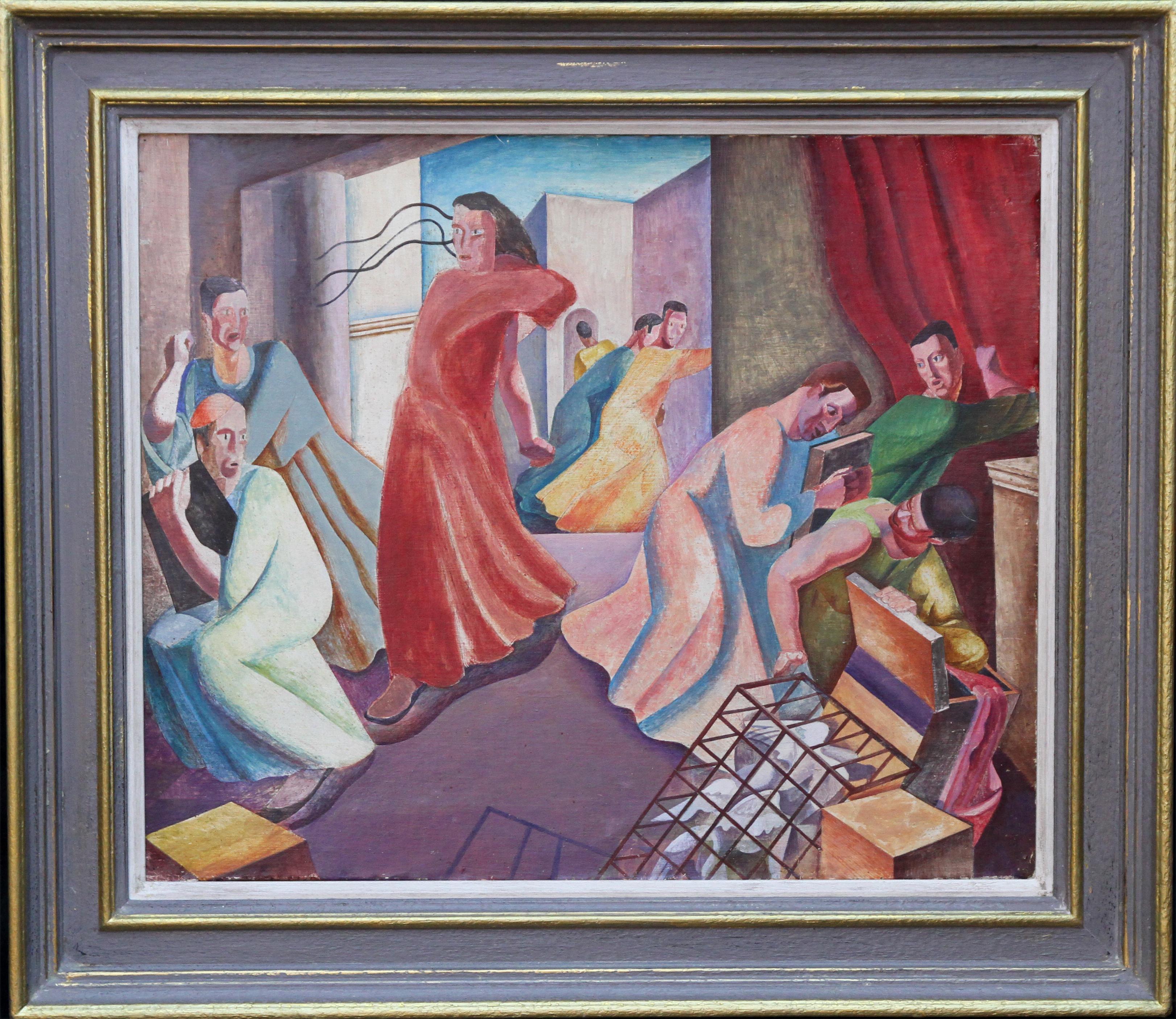 Augustus Lunn Interior Painting – Christ Expelling Money Changers – Britisches surrealistisches religiöses Interieur aus den 30ern