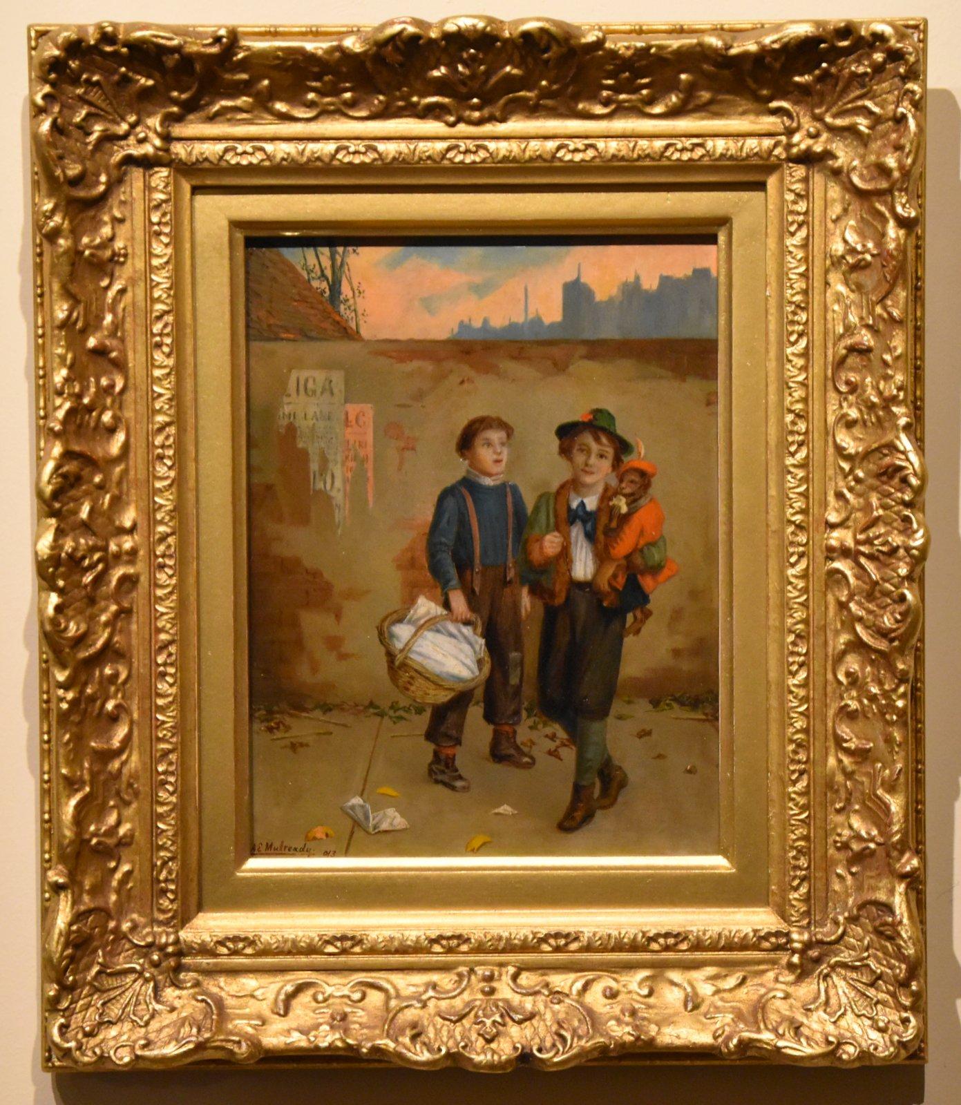 Ölgemälde von Augustus Mulready "Besucher in London" 1844 - 1905
Mitglied der Cranbrook-Kolonie, malt figurative Straßenszenen, stellt regelmäßig in der Royal Academy aus. Öl auf Karton. Unterschrieben, datiert 1903

Maße ungerahmt 9 x 7