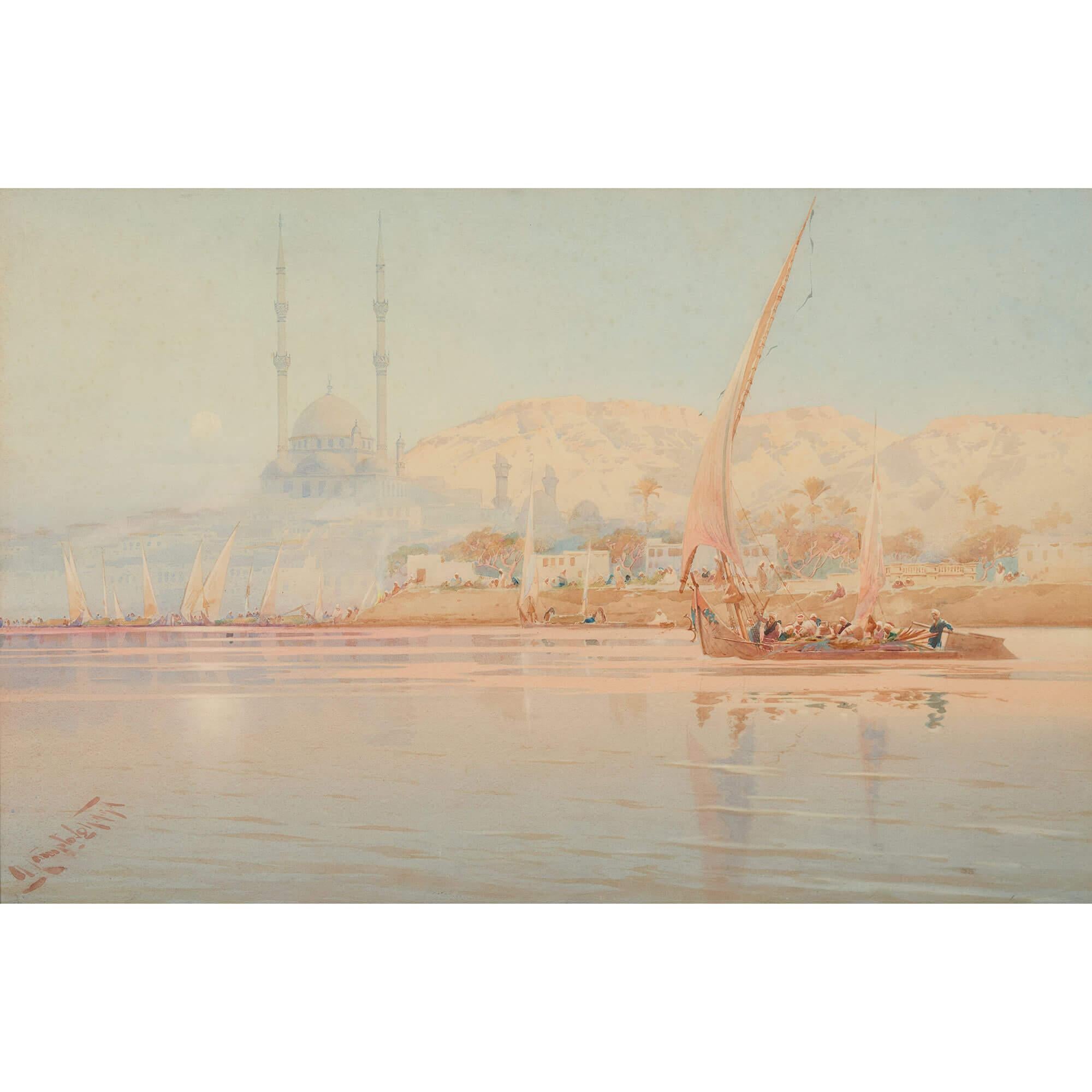 Antike orientalistische ägyptische Sonnenaufgang Aquarelle Augustus Osborne Lamplough 
Englisch, Anfang 20. Jahrhundert
Papier: Höhe 64cm, Breite 96cm; Höhe 64cm, Breite 98cm
Rahmen: Höhe 116-117cm, Breite 147-149cm, Tiefe 5cm

Augustus Osborne