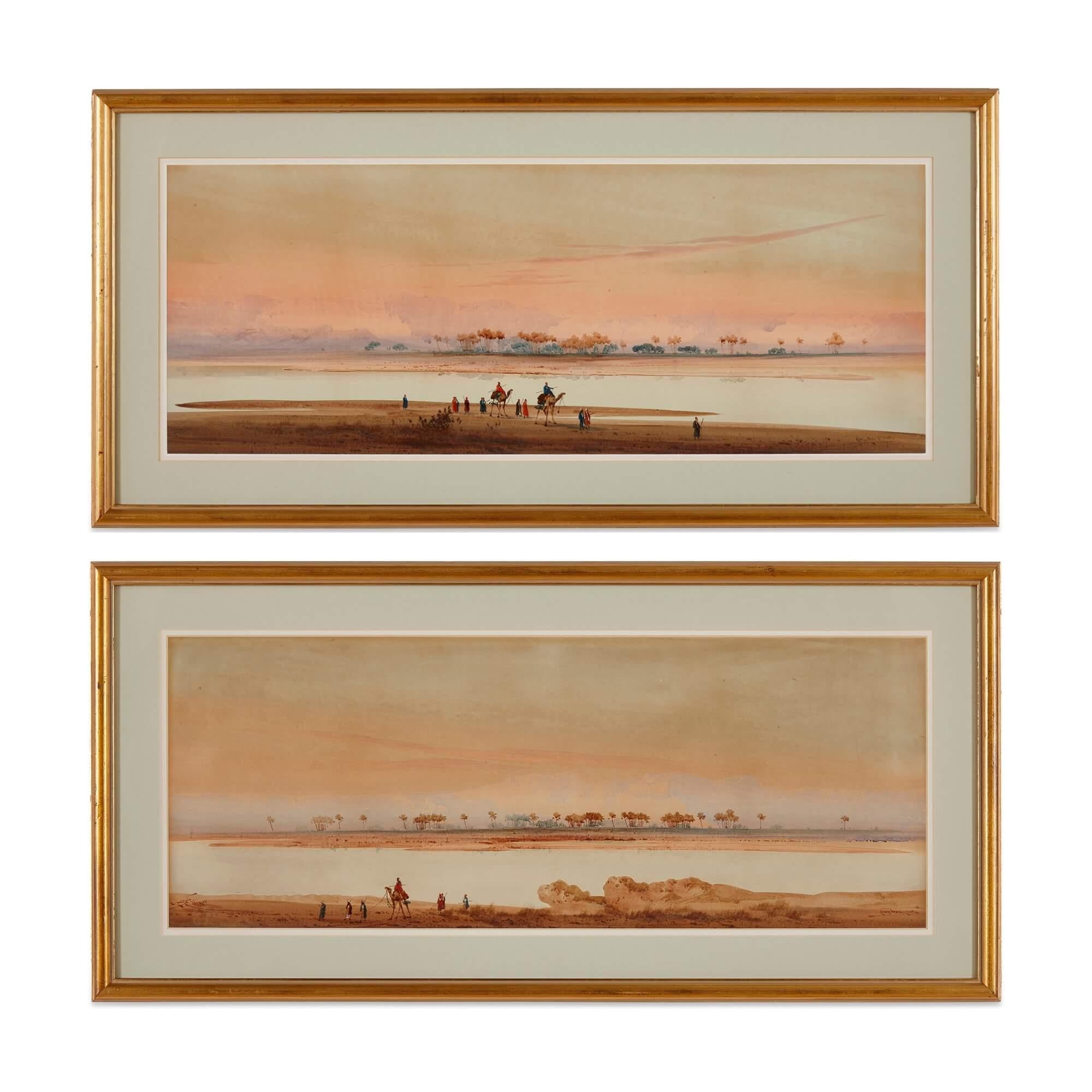 Augustus Osborne Lamplough R.W.S. Landscape Painting - Pair of Orientalist watercolour paintings of desert landscapes by A. Lamplough