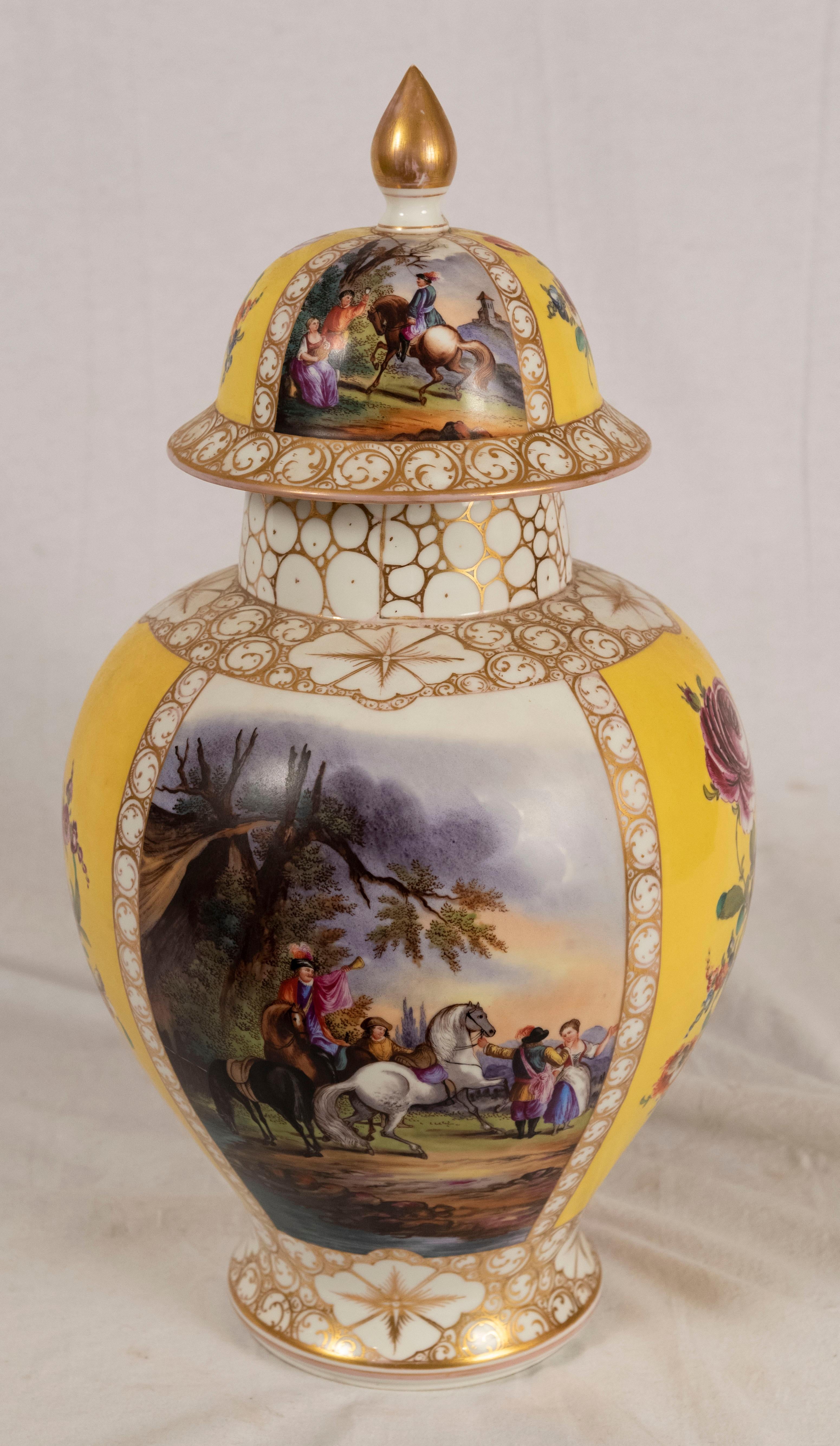 Augustus Rex Meissen porcelain baluster vase with cover and very fine painting of courtly life and floral still life (circa 1870).

Condition: previously cracked and restored.