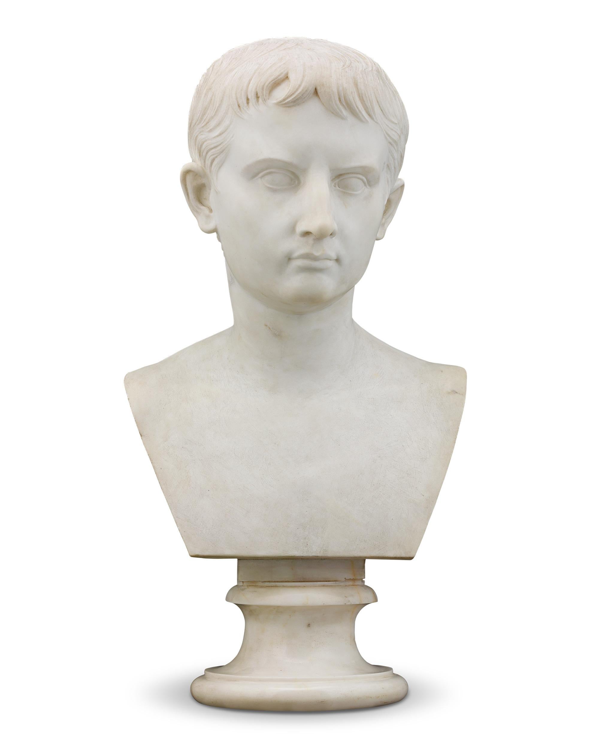 Augustus Saint-Gaudens
1848-1907  American

Young Emperor Augustus

Marble

This extraordinary marble bust by revered American sculptor Augustus Saint-Gaudens is crafted in the classical style of the Greco-Roman world, with the perfect proportions