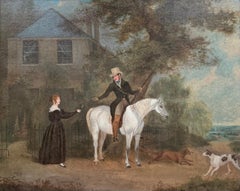 1830's Elegant Sporting Scene with Horse & Hounds Figures Before Country House