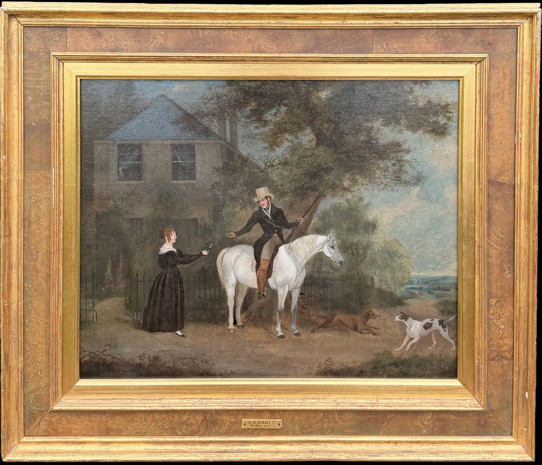 1830's Elegant Sporting Scene with Horse & Hounds Figures Before Country House