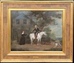 1830's Elegant Sporting Scene with Horse & Hounds Figures Before Country House