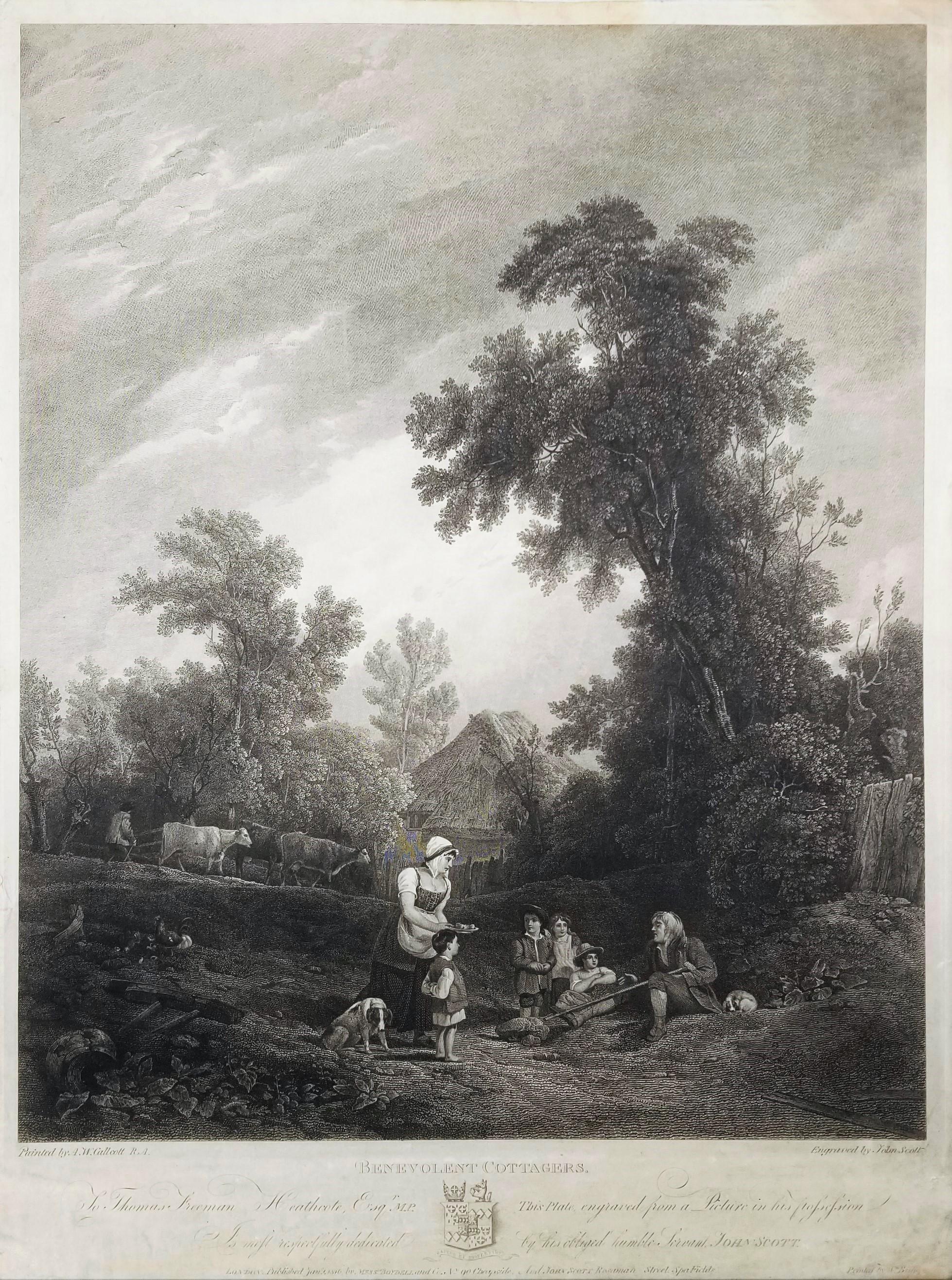 Cottagers benevolenti /// Paesaggio inglese Scena di villaggio figurativa Incisione - Print di Augustus Wall Callcott