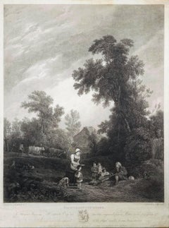 Benevolent Cottagers /// English Landscape Figurative Village Scene Engraving