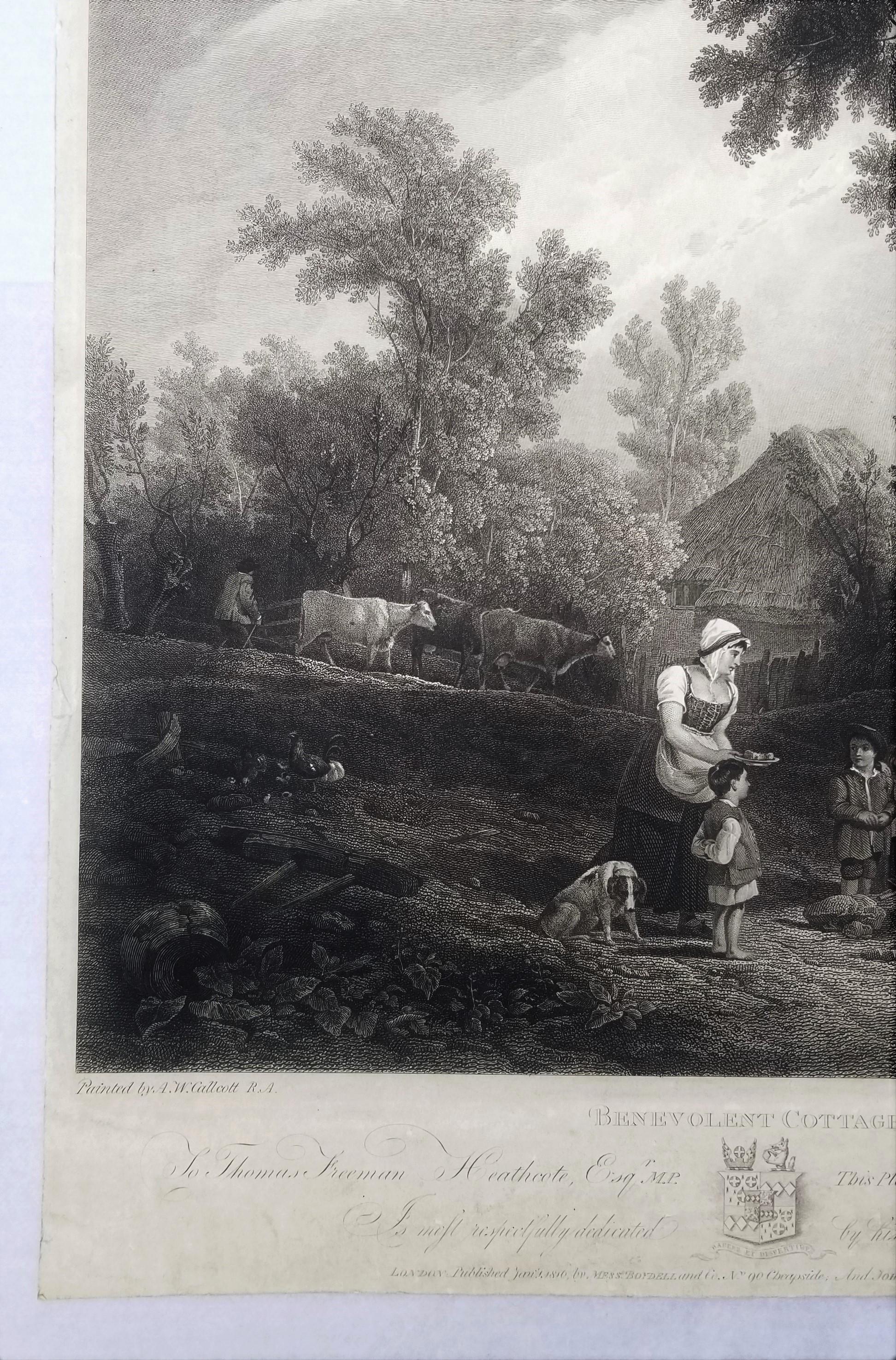 Cottagers benevolenti /// Paesaggio inglese Scena di villaggio figurativa Incisione - Landscape Print Grigio di Augustus Wall Callcott