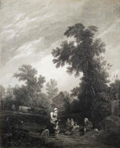 Cabañeros benévolos /// Paisaje inglés Figurativo Escena de aldea Grabado
