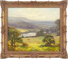 Augustus William Enness RBA, Vue au-dessus du port de la rivière Wharfe, peinture à l'huile ancienne