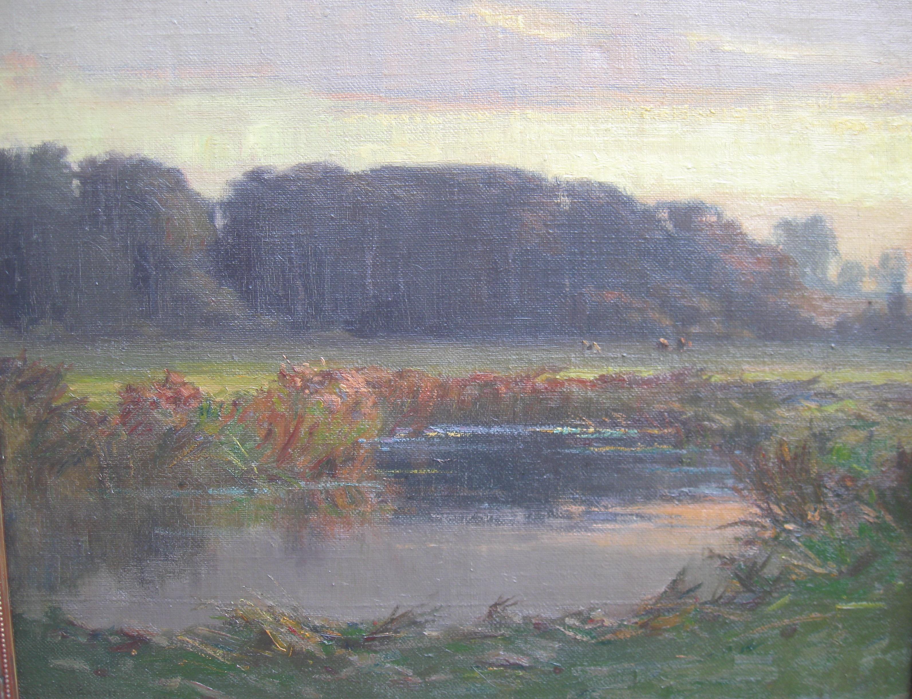 'River Landscape at Dusk' large Impressionist oil on canvas circa 1930's - Painting by Augustus William Enness