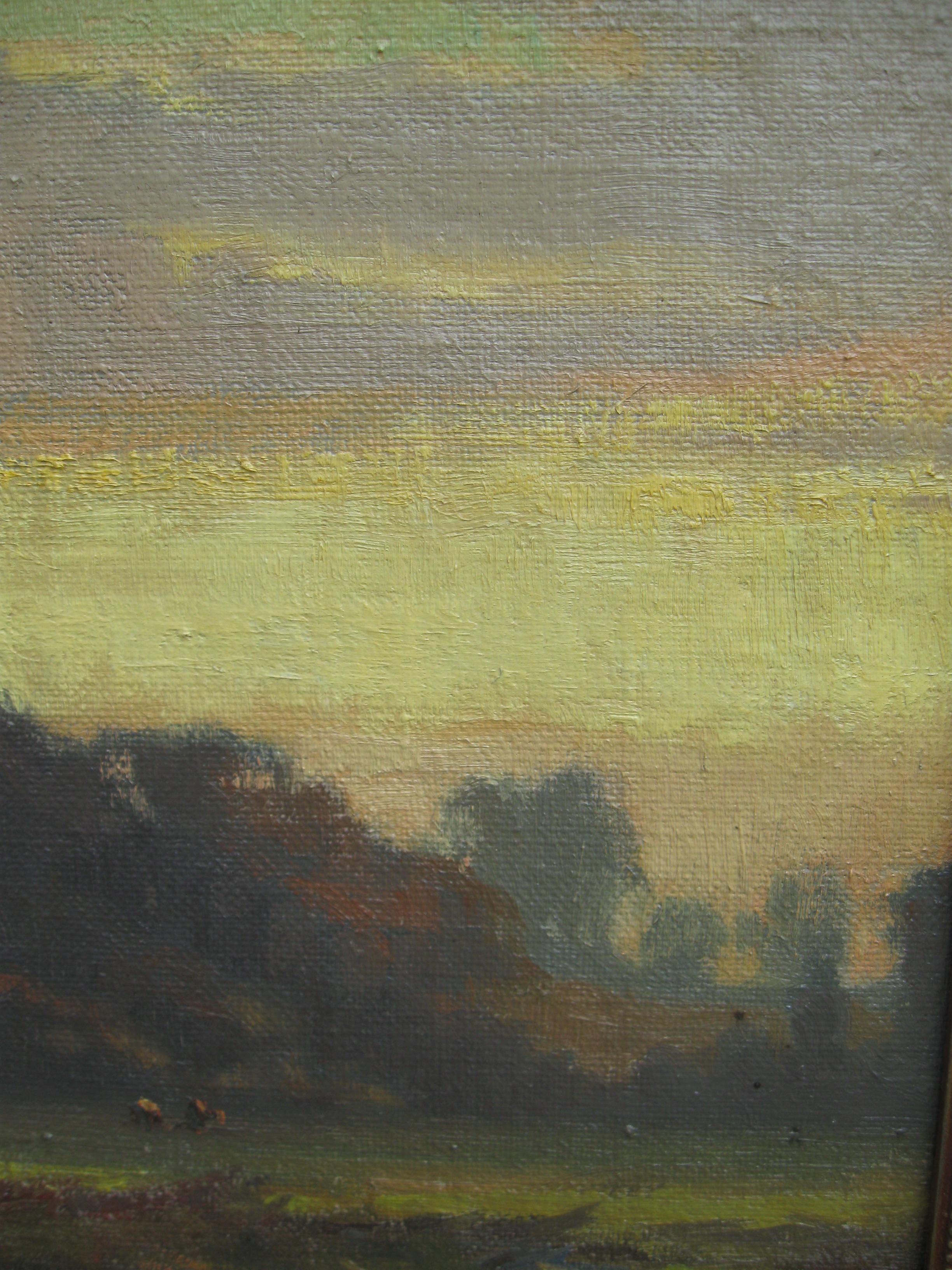 A large Impressionist oil by Augustus William Ennes (1876-1948). River Landscape at Dusk circa 1930's
oil on canvas 64cmx77cm
antique gessoed frame 73cmx85cm
Very atmospheric evening light and subtle tonal qualities. Painted in an Impressionist