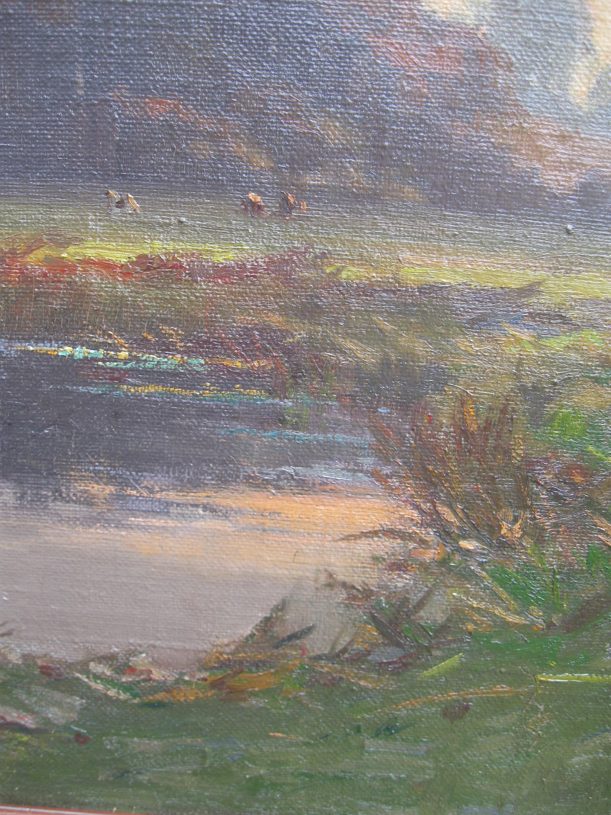'River Landscape at Dusk' large Impressionist oil on canvas circa 1930's 1