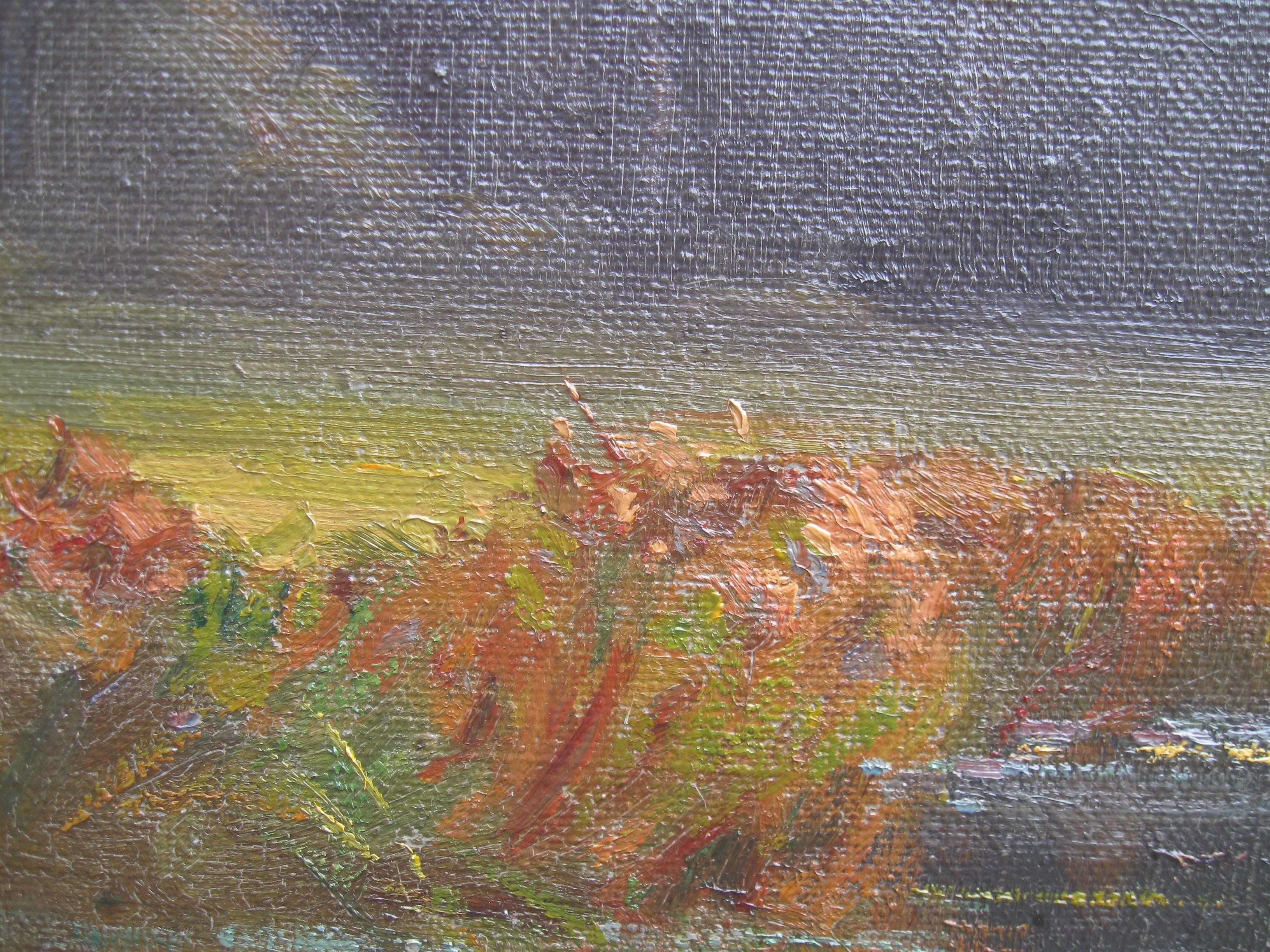 'River Landscape at Dusk' large Impressionist oil on canvas circa 1930's 3