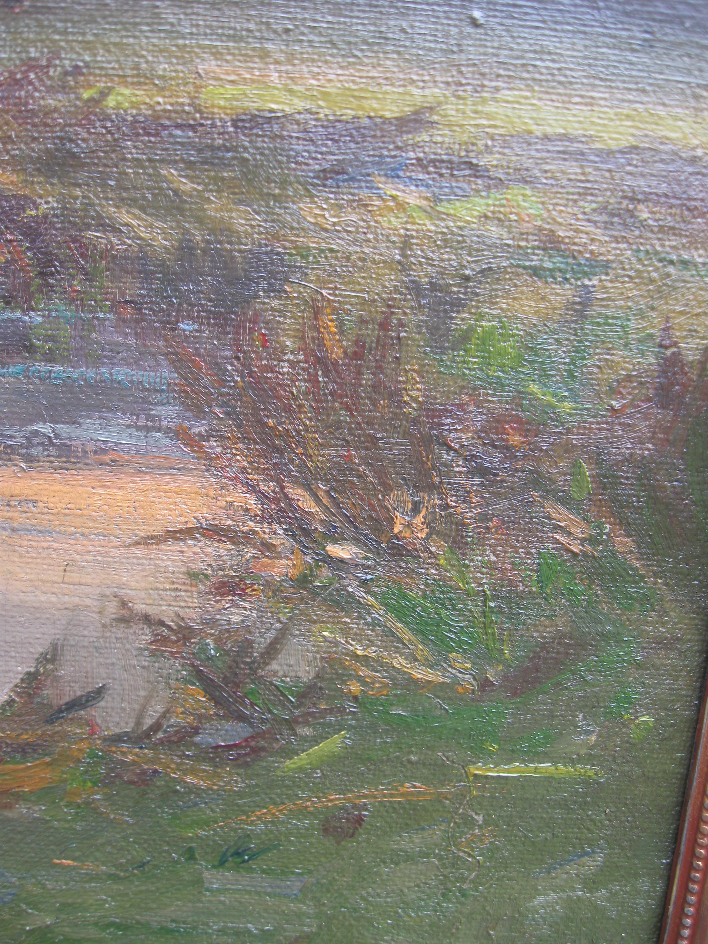 'River Landscape at Dusk' large Impressionist oil on canvas circa 1930's 4