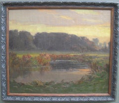'River Landscape at Dusk' large Impressionist oil on canvas circa 1930's