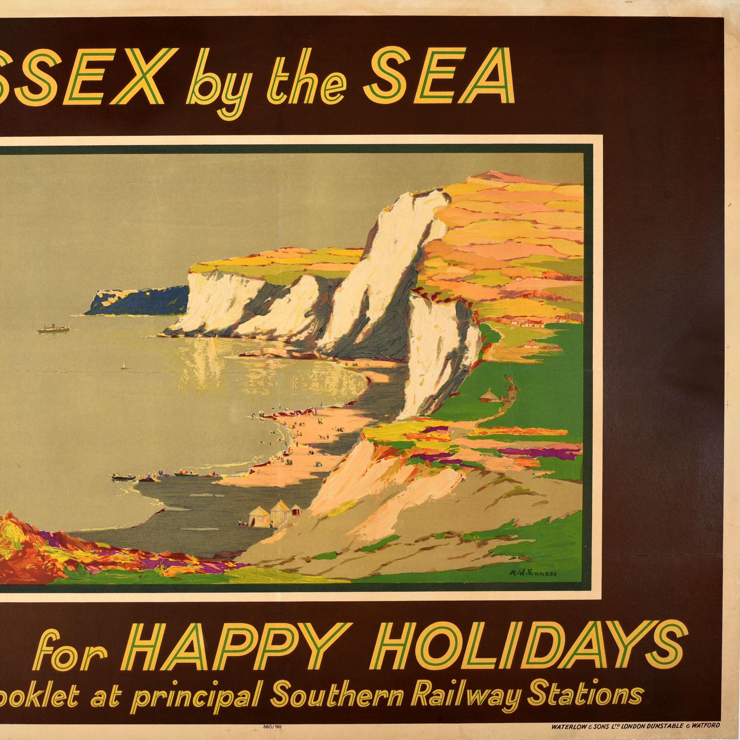 Poster di viaggio ferroviario originale d'epoca Sussex Mare Buone Feste Scogliere Spiaggia 1
