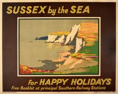 Poster di viaggio ferroviario originale d'epoca Sussex Mare Buone Feste Scogliere Spiaggia