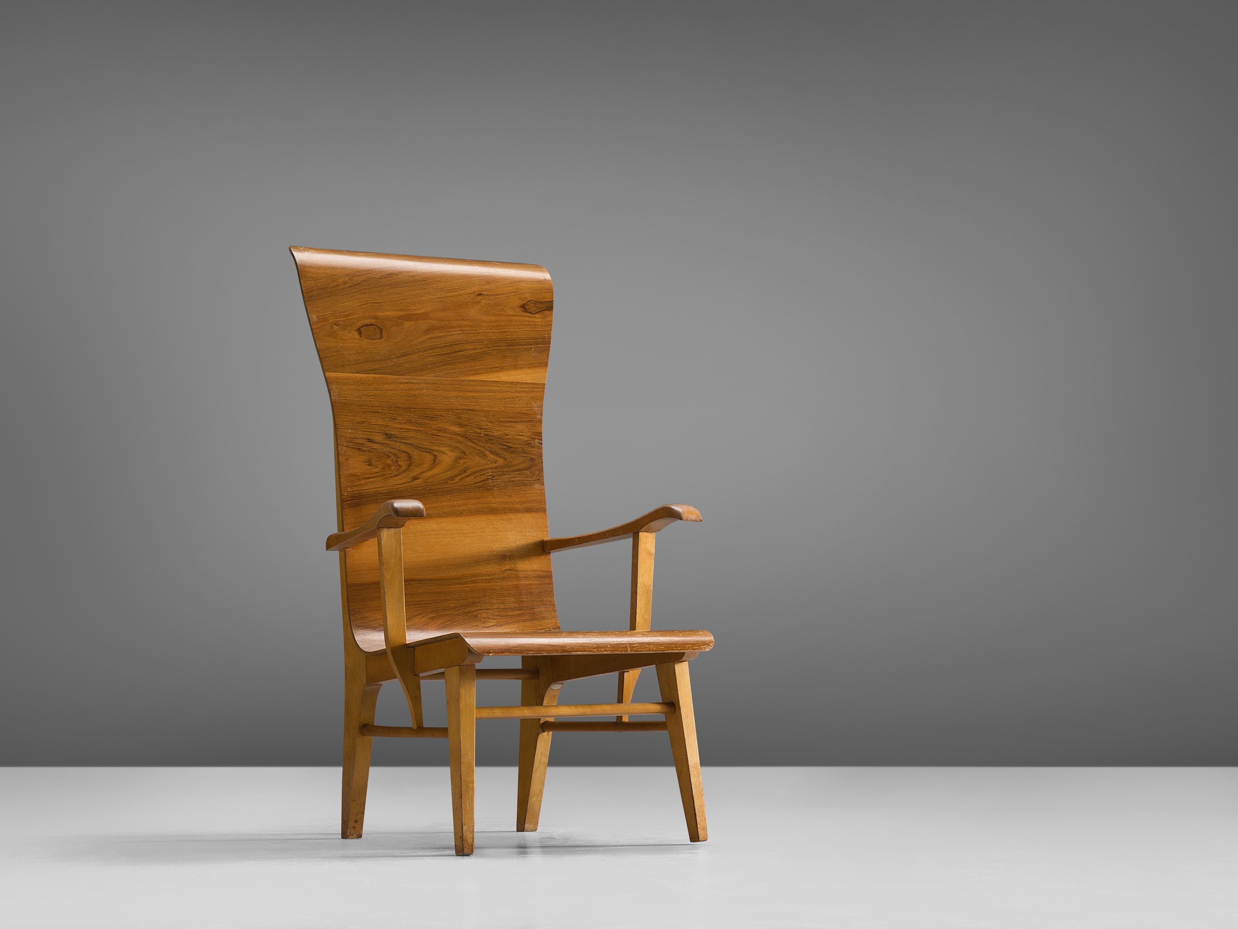 Auke Komter for Metz & Co, chair, beech plywood and beech, the Netherlands, 1930s.

This stately chair is made from a solid beech frame with bend plywood shell that flows from the seat to the back. Komter was inspired by the designs of Alvar Aalto