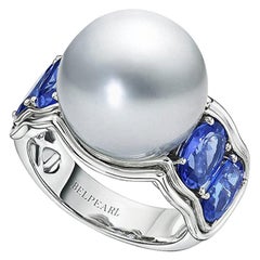 BELPEARL Aura Blue Tanzanite and White South Sea Ring Set in 18 Karat White Gold
