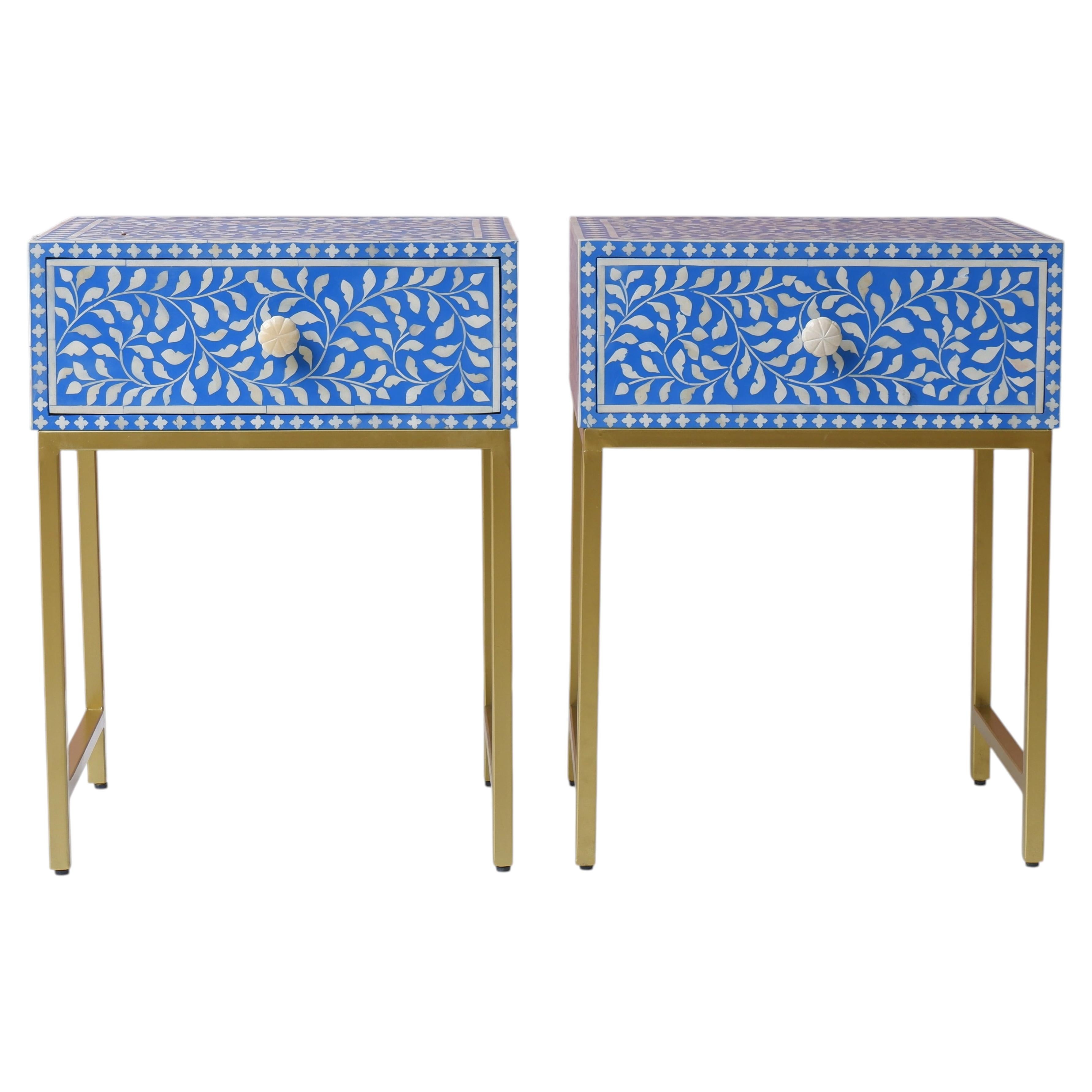 Aura Blue & White Floral Bone Inlay Bedside Side Table Set by House of Jaipur