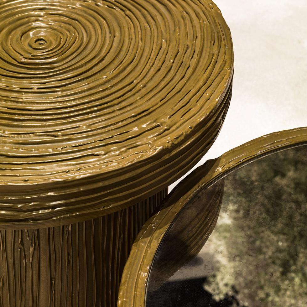 Hand-made wooden round coffee table, decorated with plaster and golden liquid metal. Can be perfectly combined with the Aura Mirror coffee table.