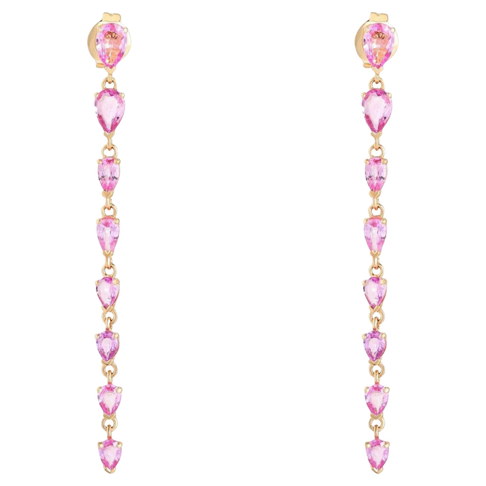 Boucles d'oreilles pendantes « Infinity » en or jaune 14 carats avec saphir rose de 3,42 carats