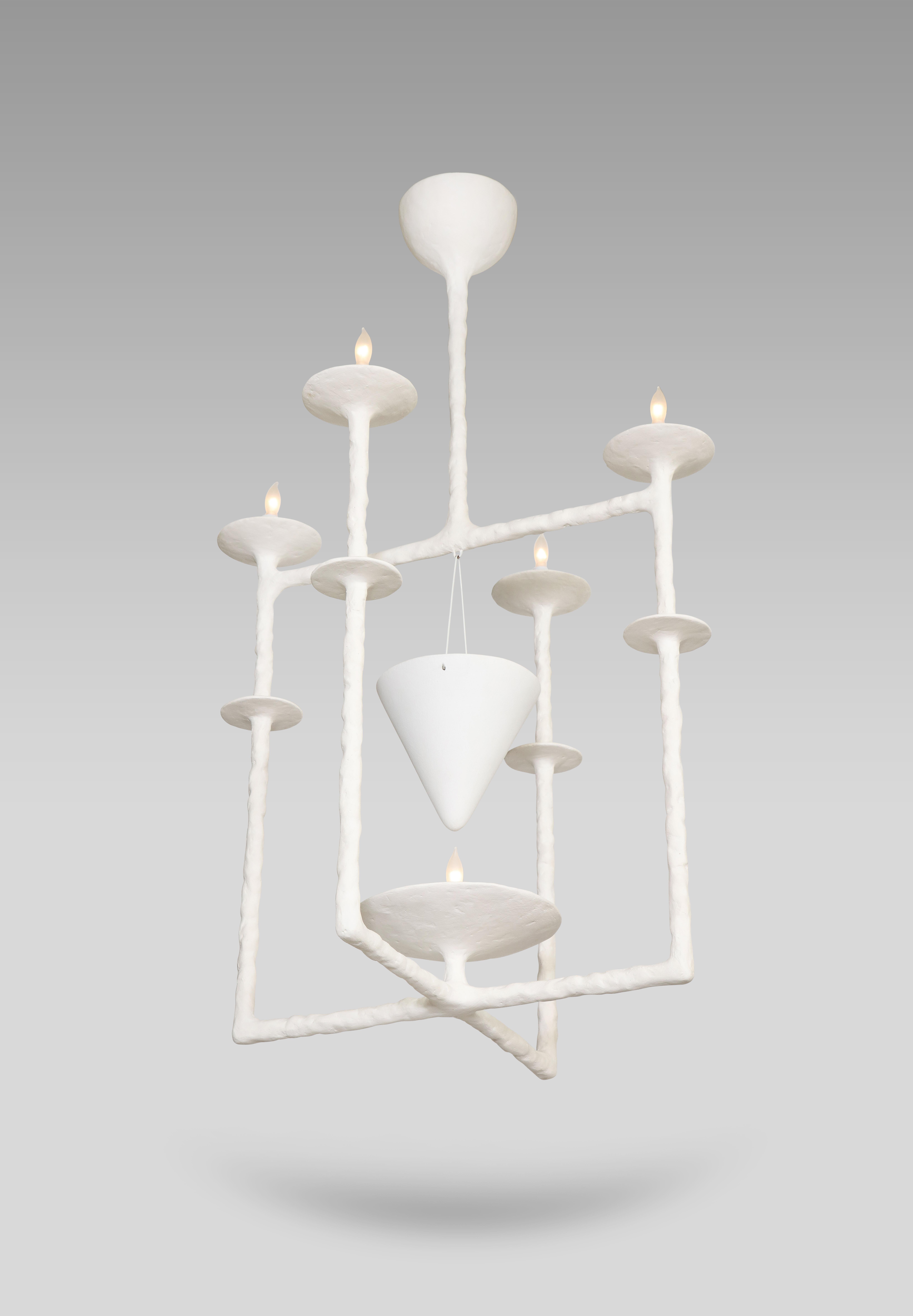 Delicate, handmade plaster form of intersecting square structures with four light sources, plus one bottom light source illuminating a suspended cone. A very unusual, sculptural design. *This fixture comes outfitted with either 2-pin G4 or G9