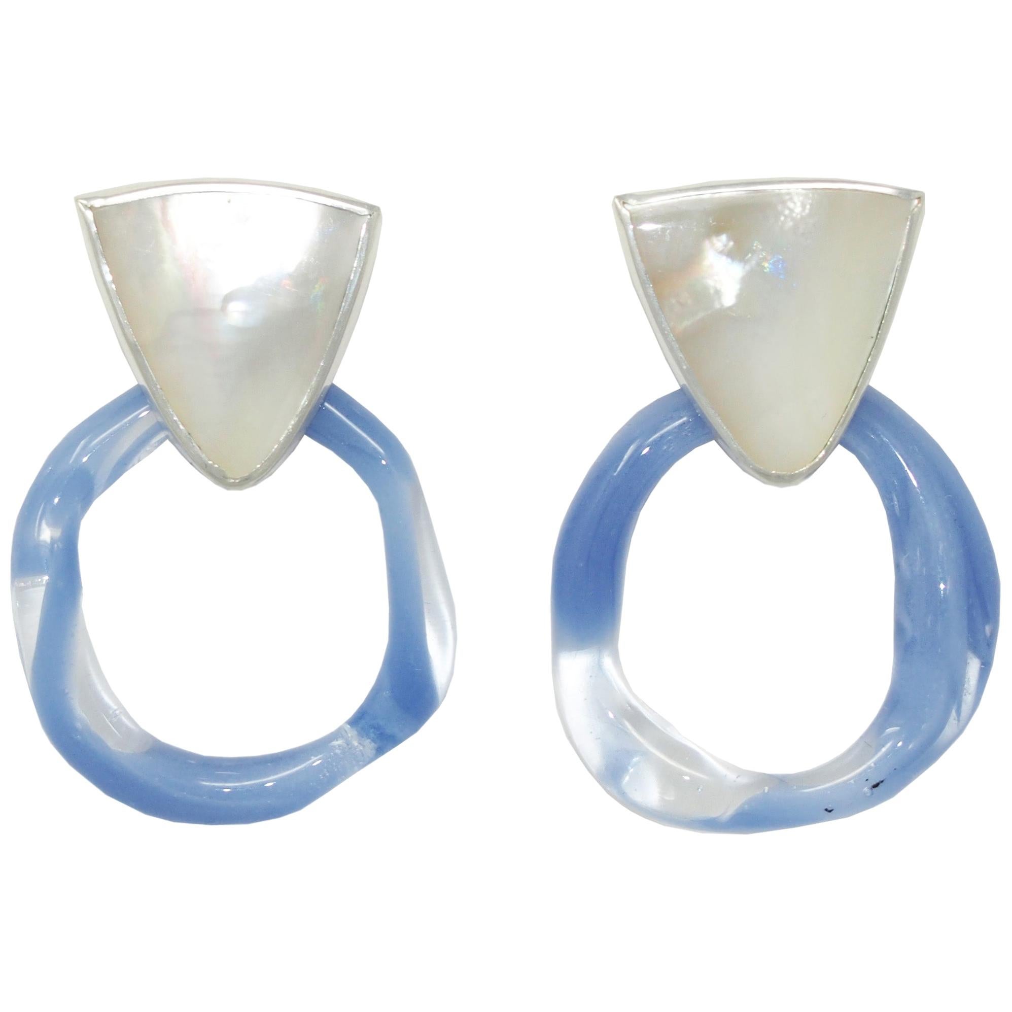 Aura Hoop Earring with Mother of Pearl and Periwinkle Glass by Octave Jewelry For Sale