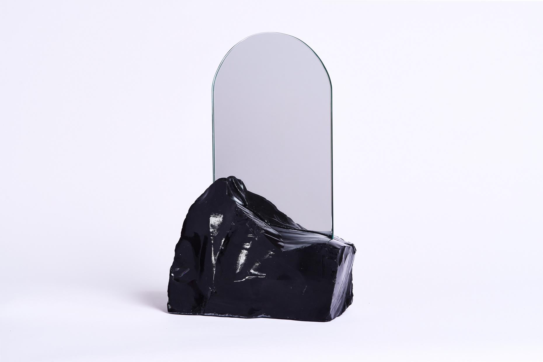 American Aura Mirror by Another Human, Contemporary Crystal Vanity Mirror in Obsidian
