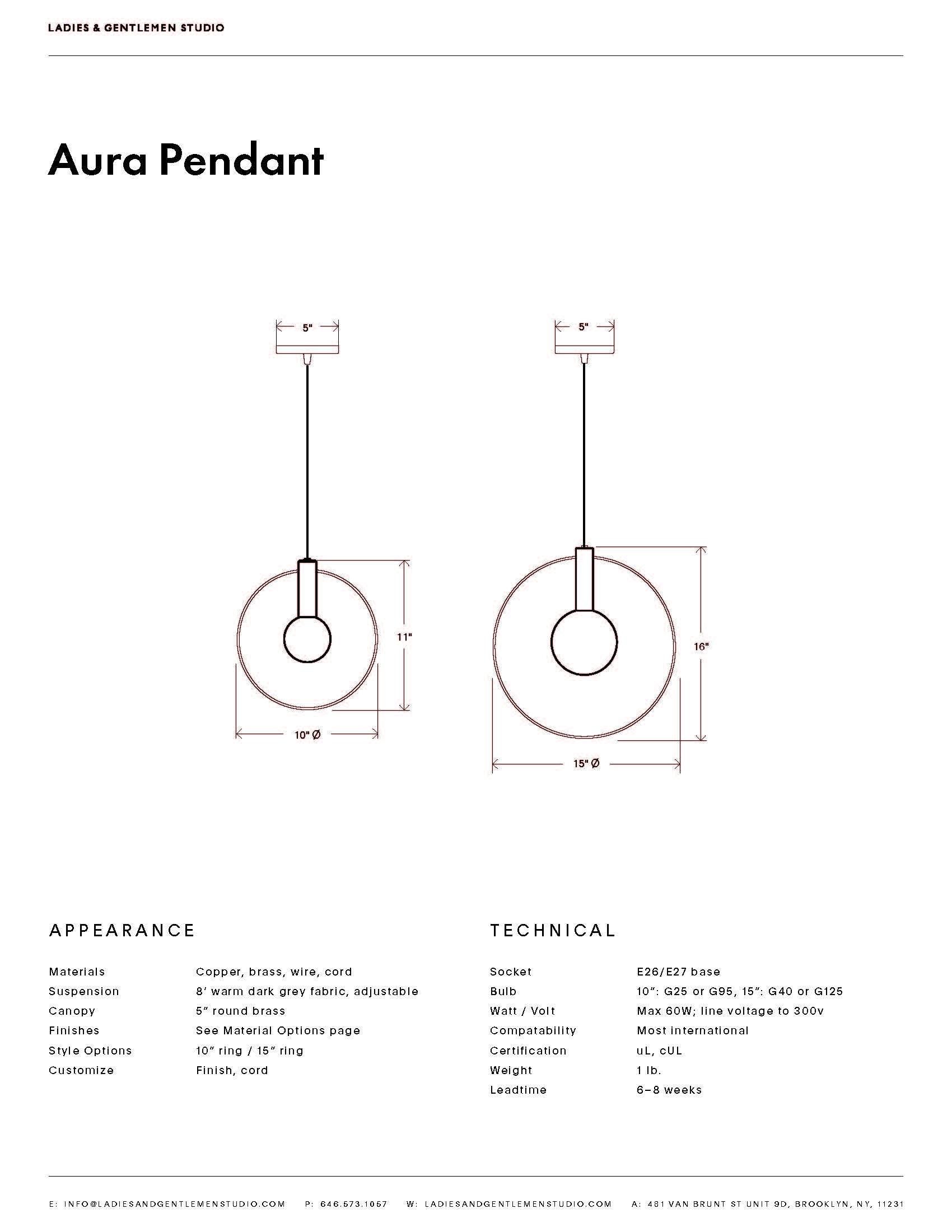Aura 15 Pendelleuchte mit Messingring und Kupfer- oder Messingstiel im Angebot 1