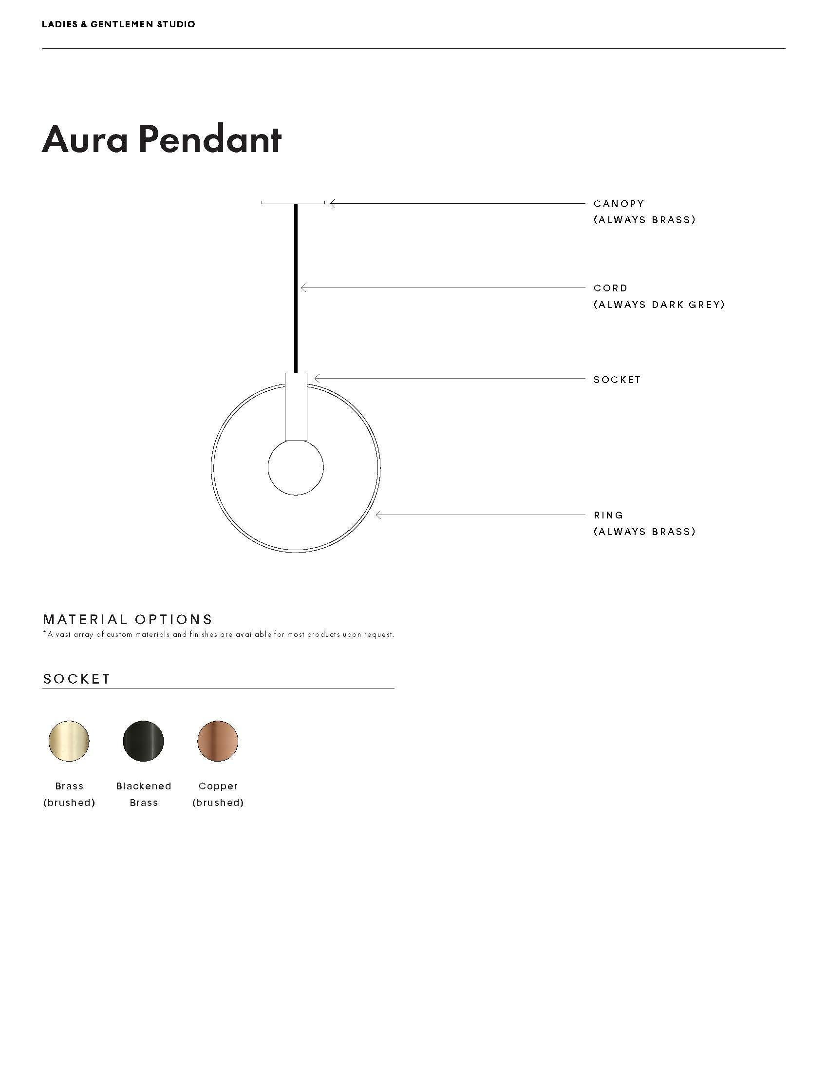 Aura 15” Pendant Light with Brass Ring and Copper or Brass Stem For Sale 1
