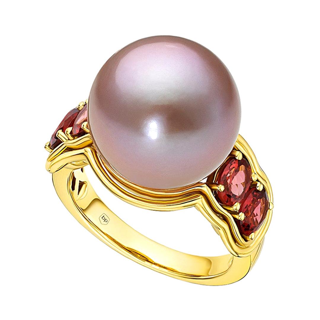 Aura Pink Tourmaline and Kasumiga Pearl Ring Set in 18 Karat Gold For Sale