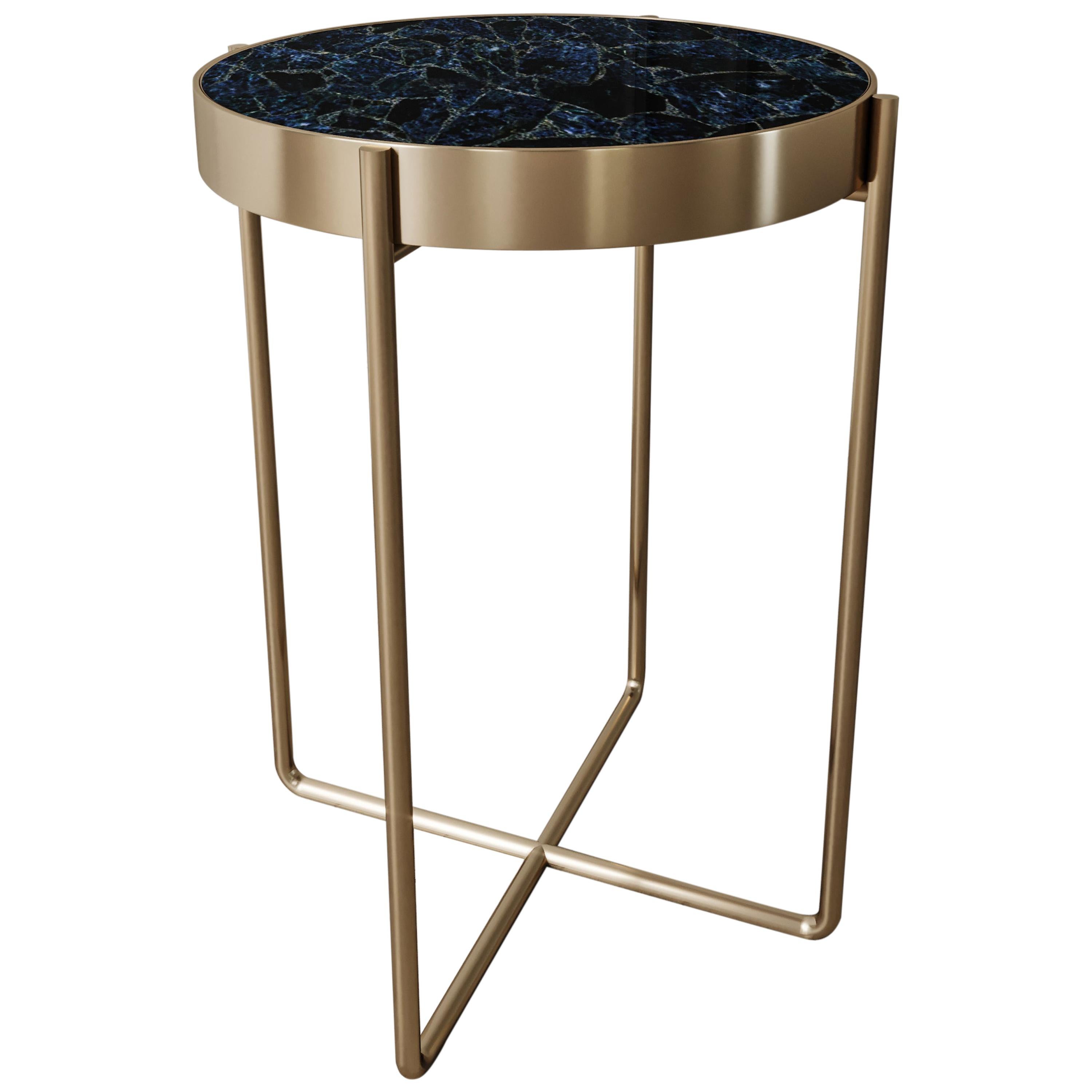 Aura Side Table of Gemstone Coroldite and Brass, Made in Italy For Sale