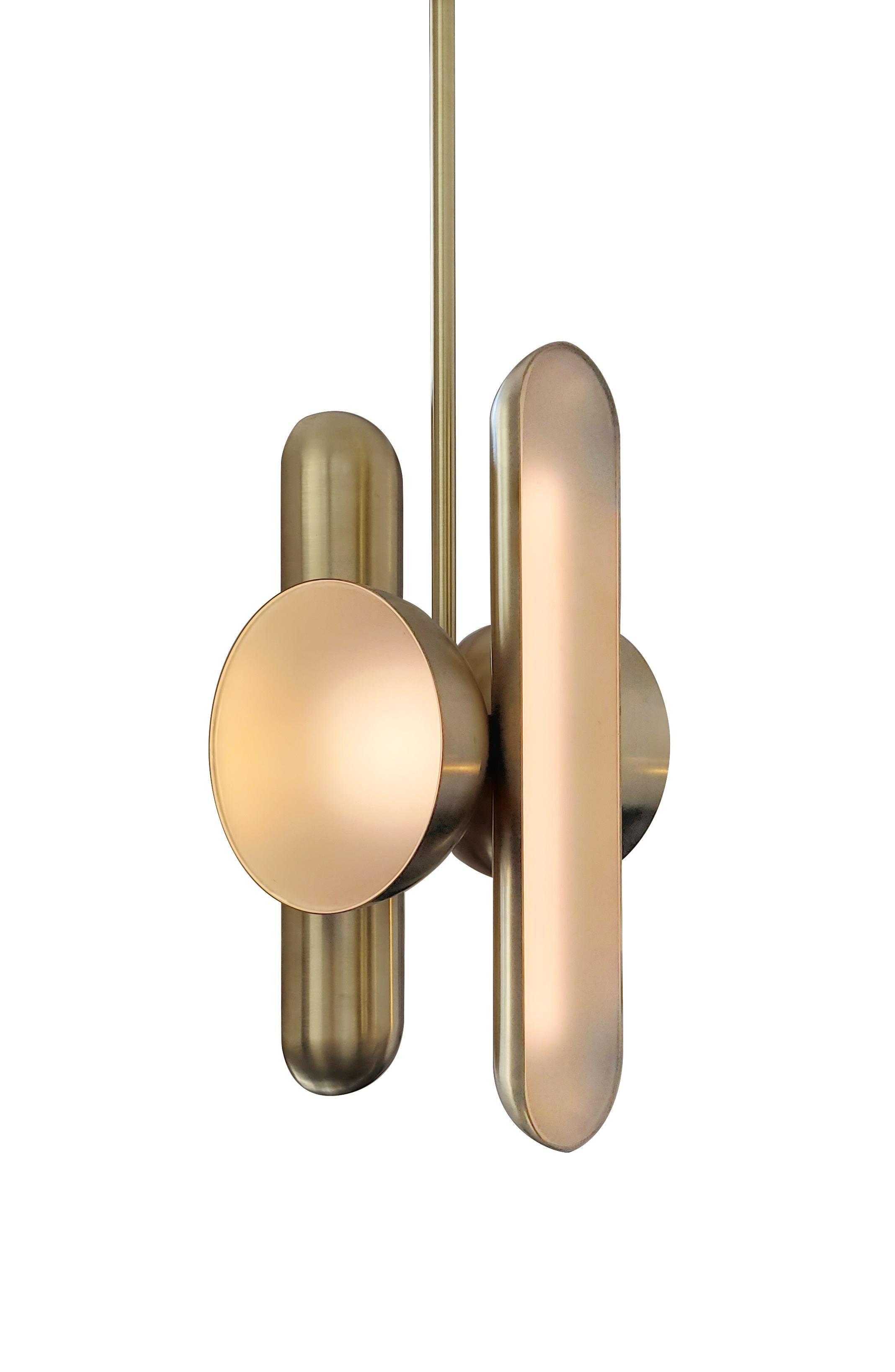 Aurata pendant lamp by Jan Garncarek
Dimensions: 21 x 22 x H 56 cm
Material: Brass, frosted glass.
Handcrafted by Jan Garncarek.

Information:
weight:10 kg / 22 lb
voltage: 120V, 240V
lamping: 4 X 1 2 W dimmable LED module
lumens:1000