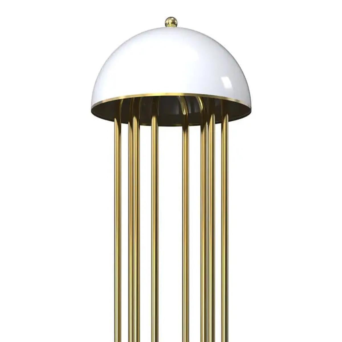 Floor lamp Aurea with solid brass structure in polished finish and 
with white aluminium base and shade. Brass parts are swiveled.
With 4 bulbs, lamp holder type G9 LED bulbs, 4 Watts, not dimmable,
bulbs not included.