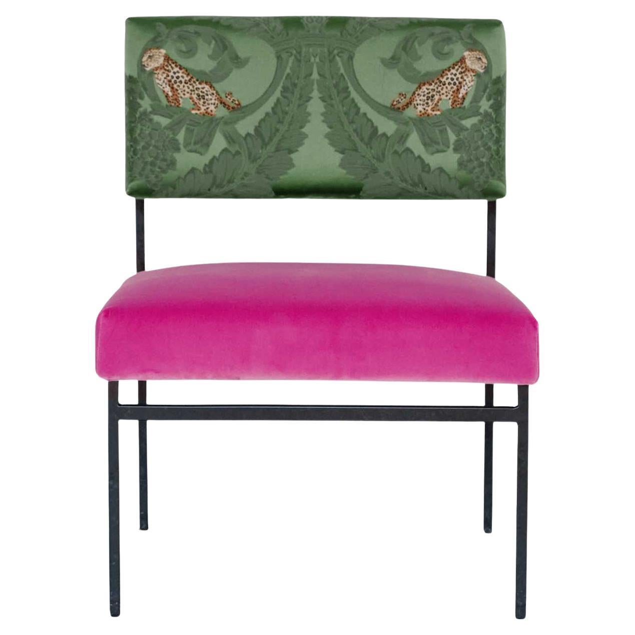 Aurea Pink Velvet and Green Silk Lounge Chair For Sale