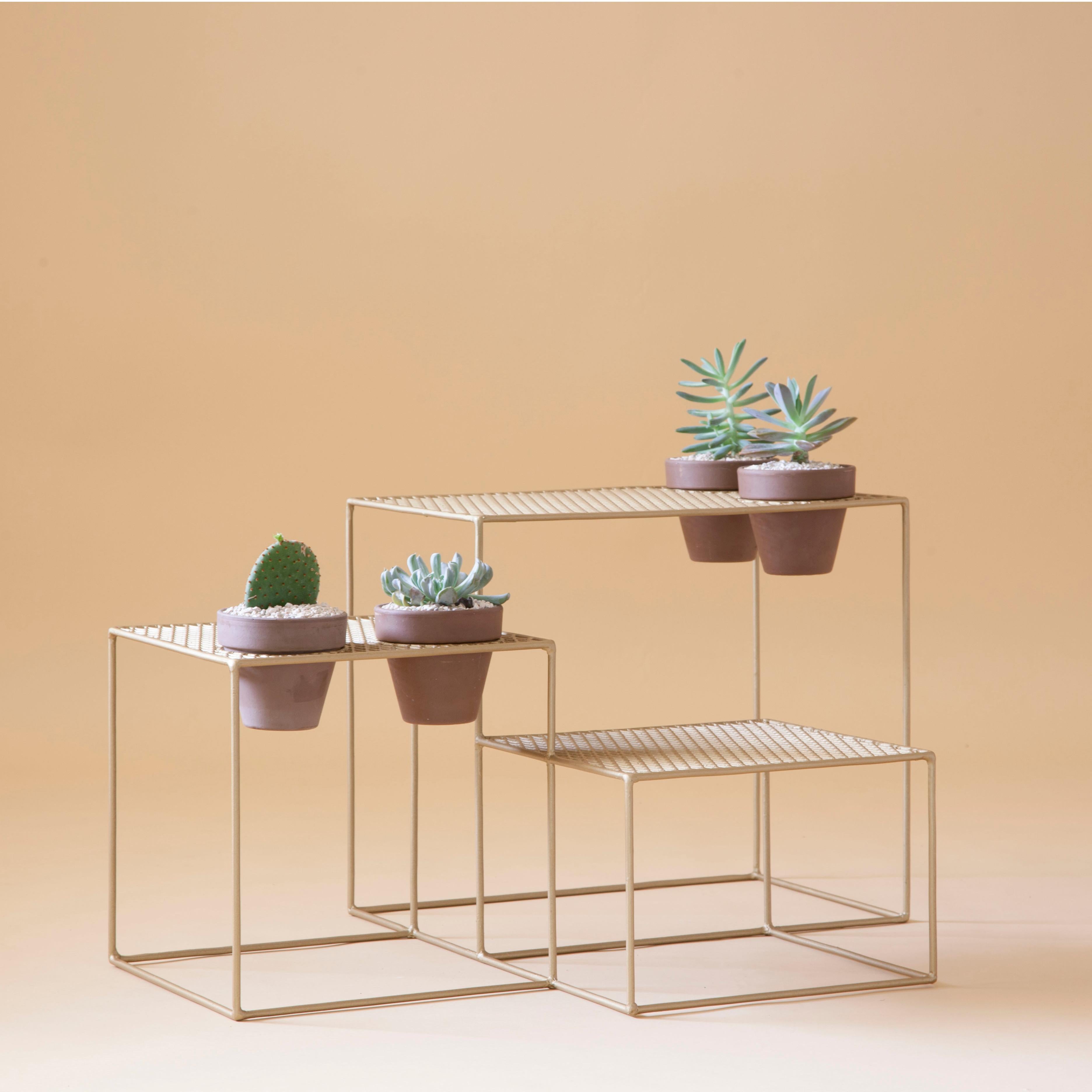 Aurea plant stand 4 by Sofia Alvarado
Limited edition 1 of 10 (one in stock)
Materials: Metal & woods / golden, white or black.
Dimensions: 40cm (H) x 75cm (W) x 60cm (D).

FI is an ornamental artist who embodies the creative Revelation of the