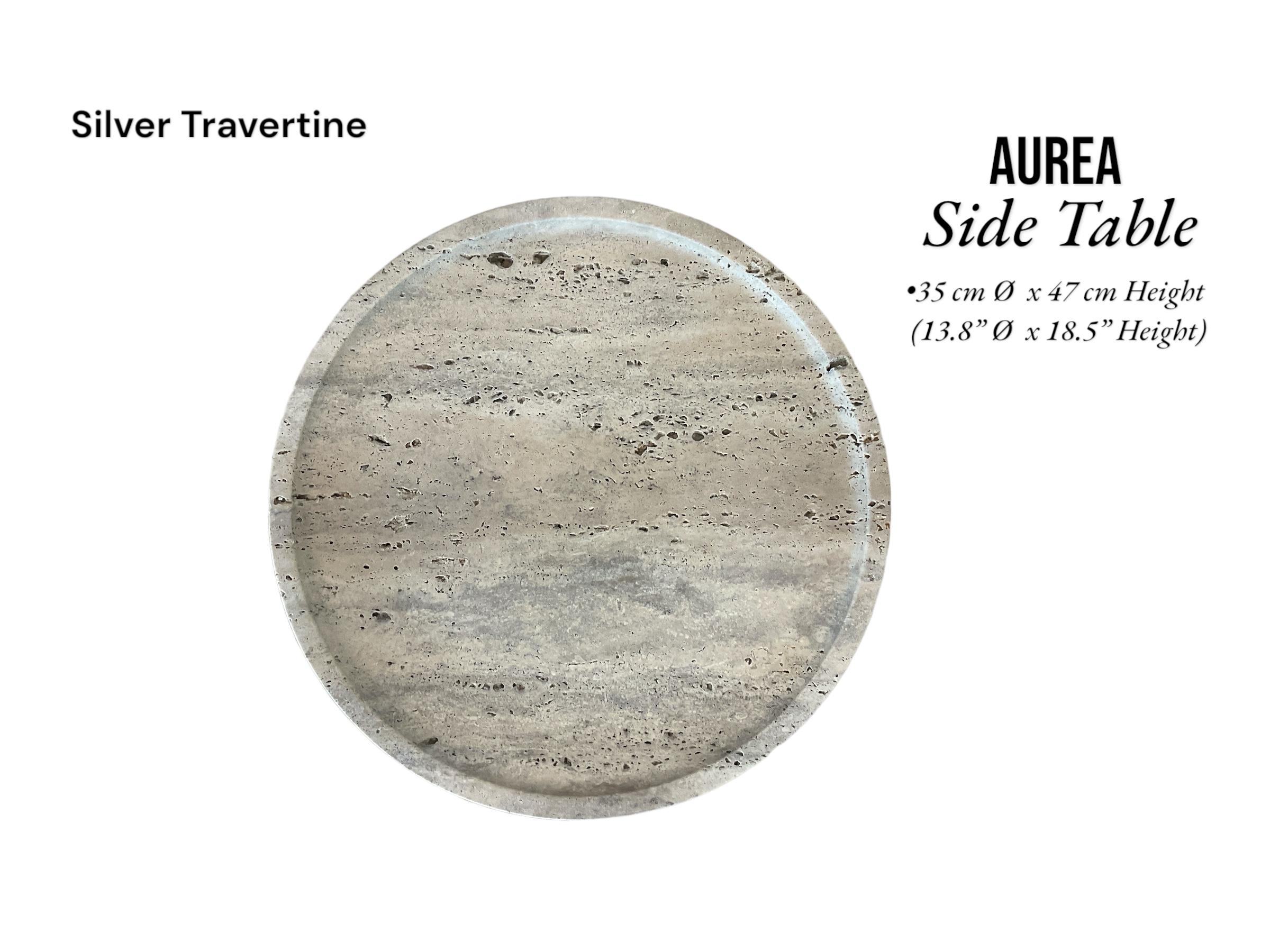 Moderne Table d'appoint AUREA, table d'appoint ronde en travertin argenté pour décoration de salon en vente