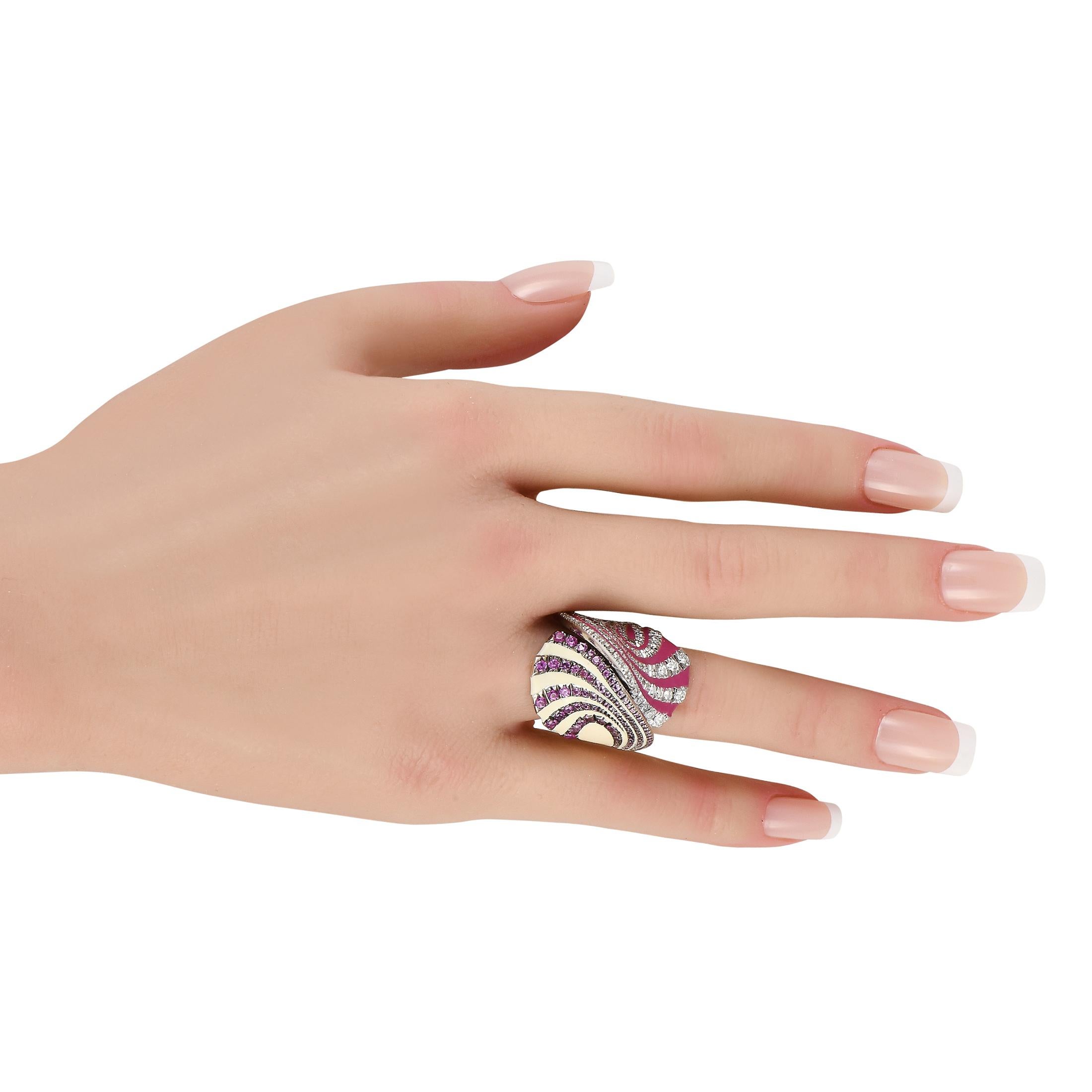 Round Cut Aurelia 18K White Gold 1.20ct Diamond and Sapphire Enamel Statement Ring For Sale
