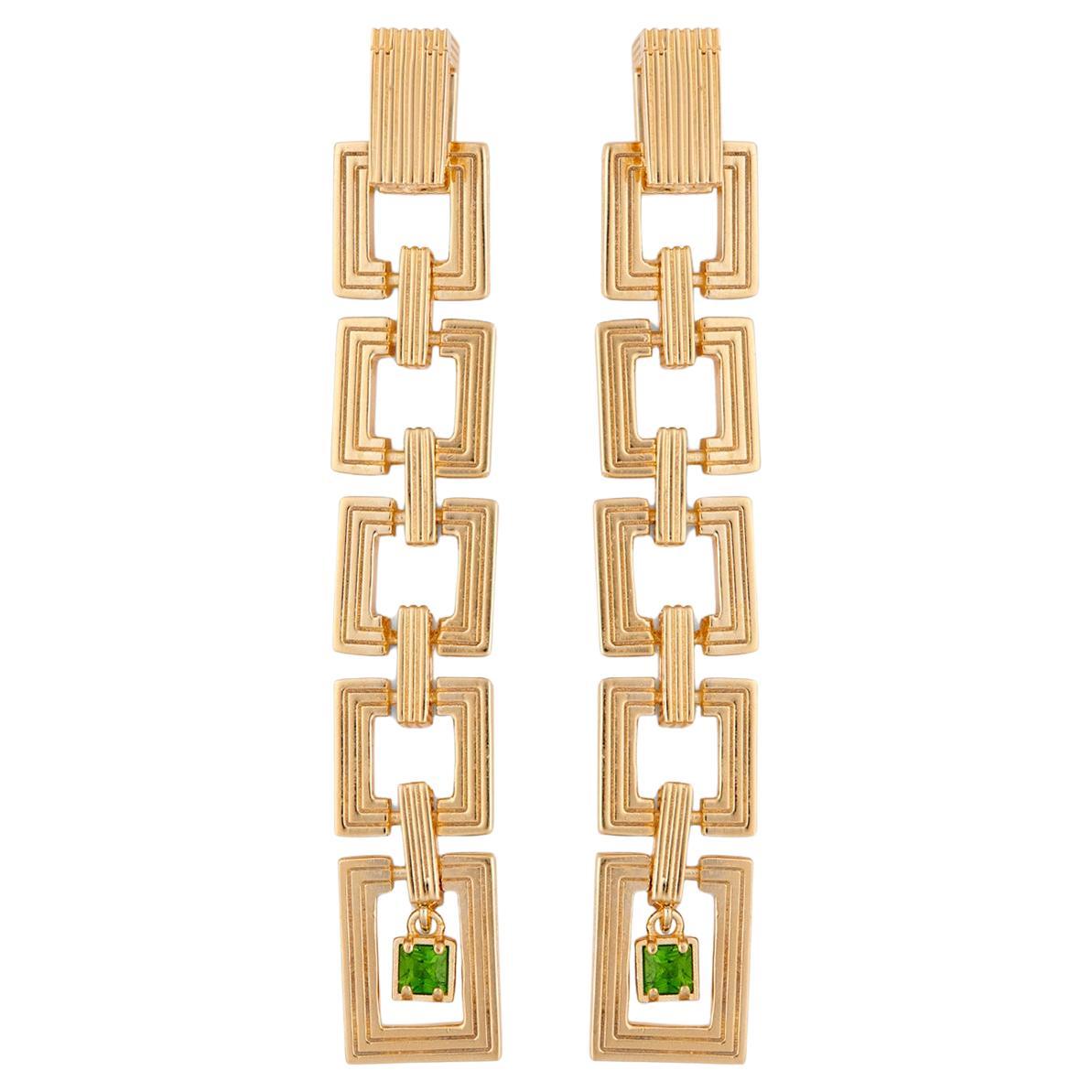 Gold drop earrings with natural green gemstones For Sale