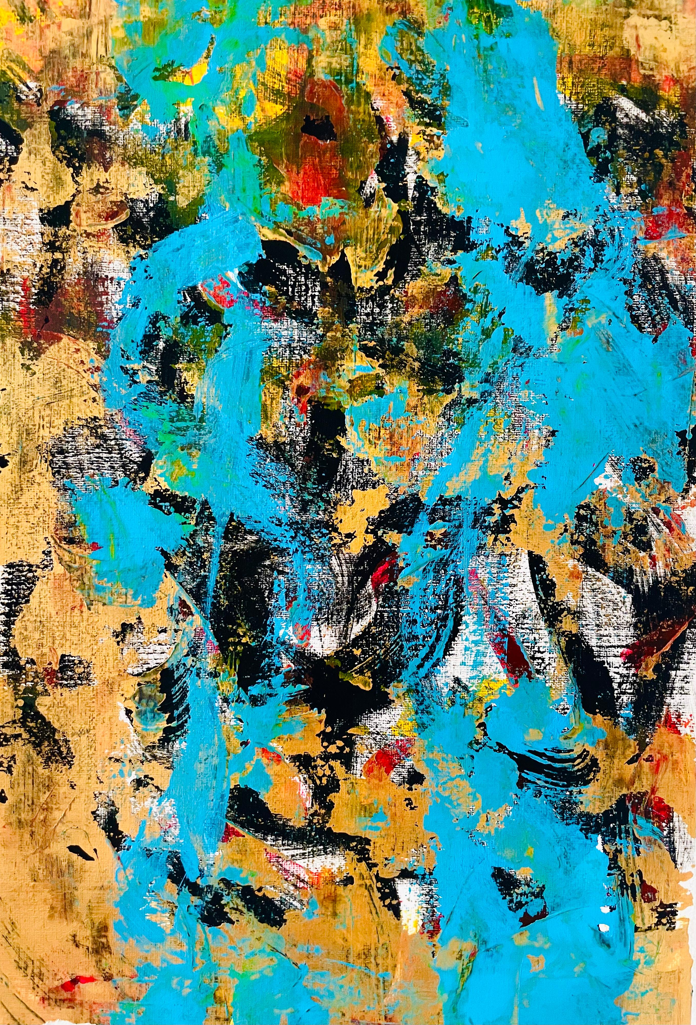 Zwischen den Benachrichtigungen. Ich fühle... - Acryl auf Papier, Abstrakte Malerei 2025 (Blau), Abstract Painting, von Aurelian Razvan Dinu