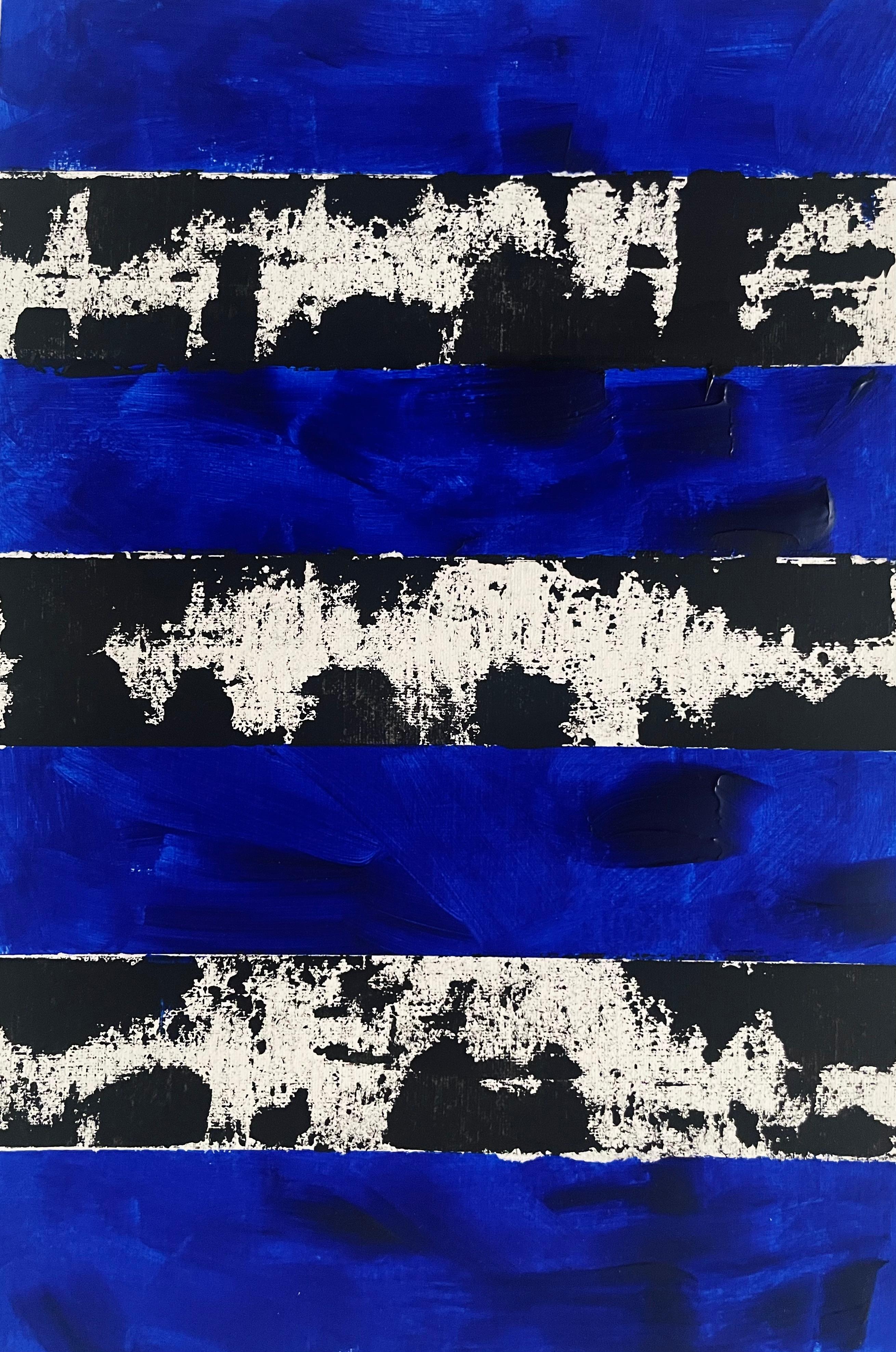 “I Have Learned How Much Strength It Takes to Stay. In Love.” (2025) is a new, original acrylic painting on paper, measuring 41 x 31 cm. The work is built from horizontal bands of deep ultramarine blue, layered with distressed black-and-white