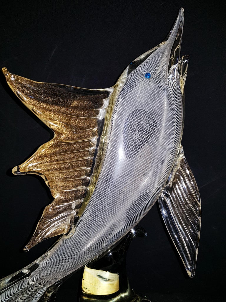 Middle of century large murano glass reticello with gold leaf swordfish For Sale at 1stDibs