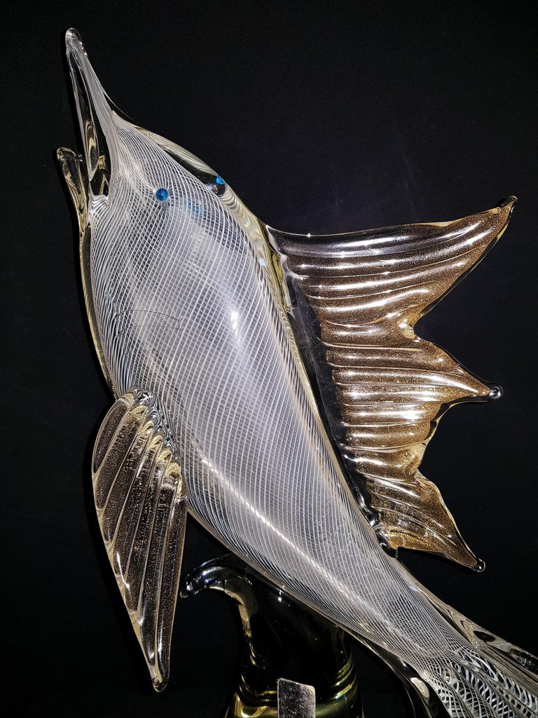 Middle of century large murano glass reticello with gold leaf swordfish For Sale at 1stDibs