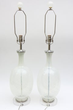 Vintage Aureliano Toso Murano Glass Lamps, Glass Finials White Swirled Design
