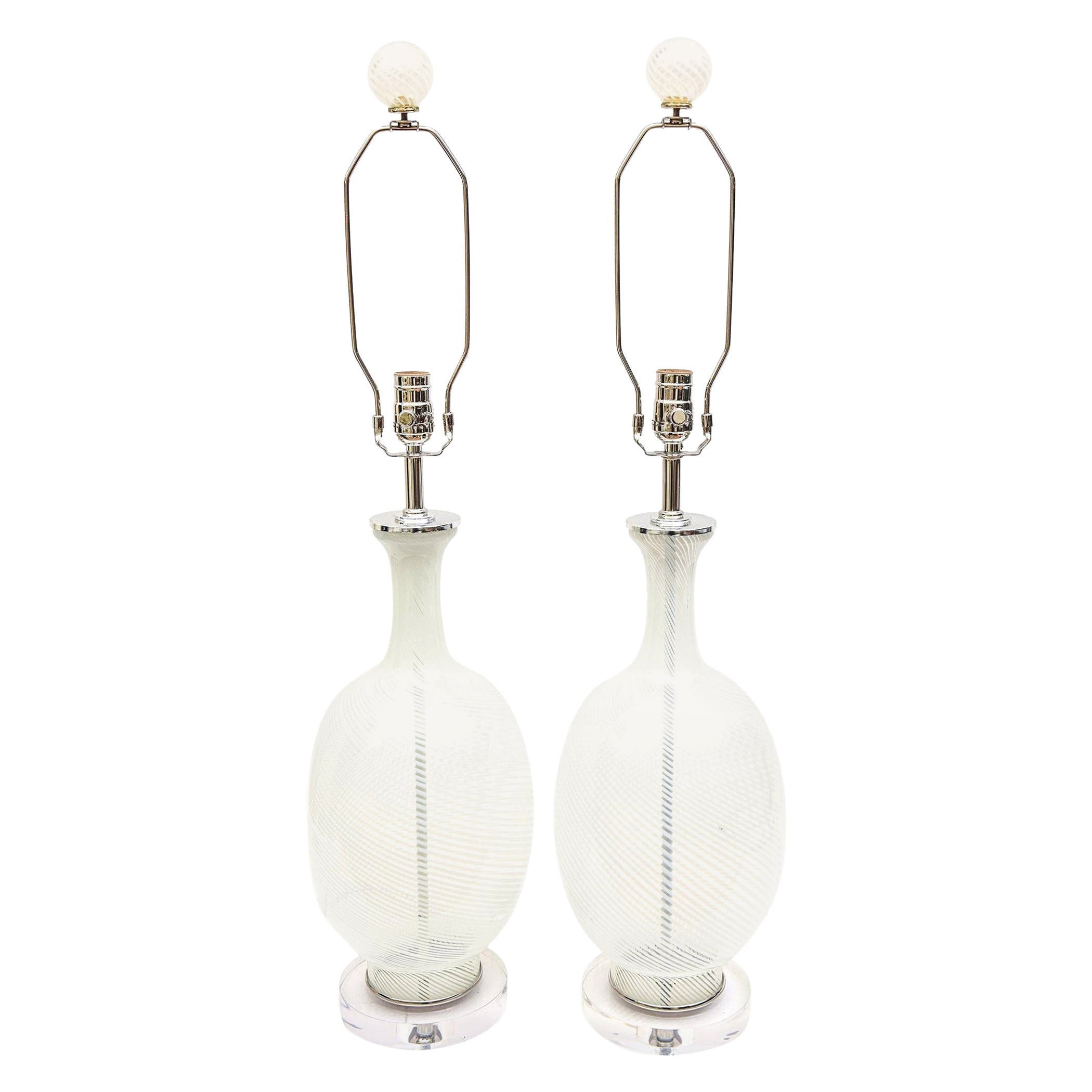 Aureliano Toso Vintage Murano White Swirled Glass Lamps with Glass Finials Pair