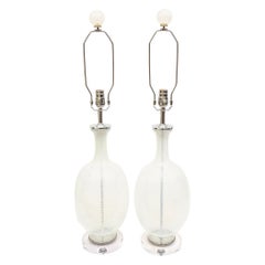 Aureliano Toso Vintage Murano White Swirled Glass Lamps with Glass Finials Pair